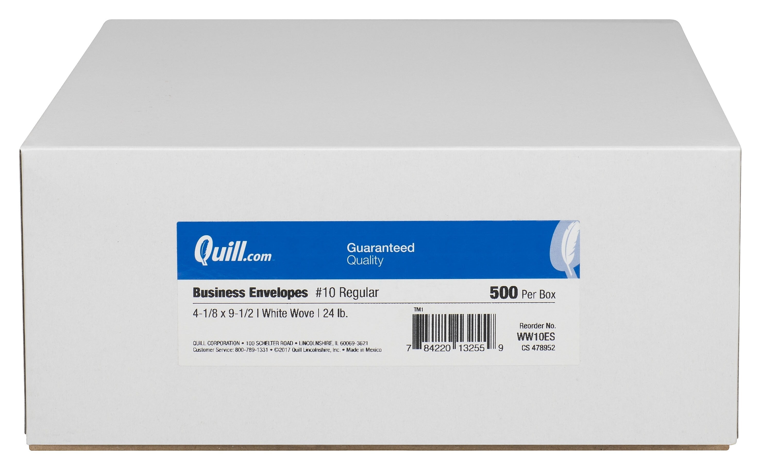 Quill Brand Gummed #10 Business Envelope, 4-1/8" x 9-1/2", White Wove, 500/Box (WW10ES)