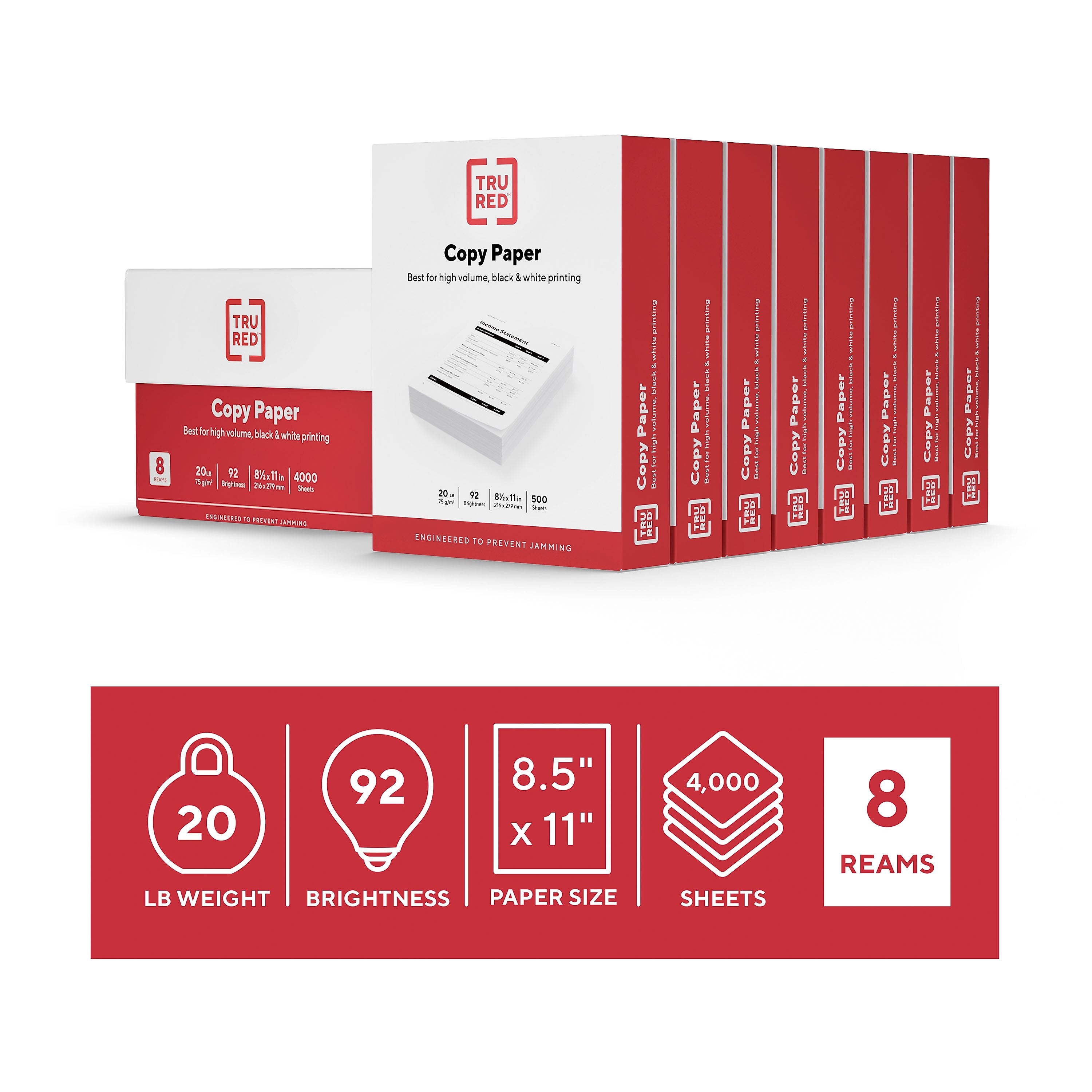 TRU RED 8.5" x 11" Copy Paper, 20 lbs., 92 Brightness, 500 Sheets/Ream, 8 Reams/Carton (TR59702)