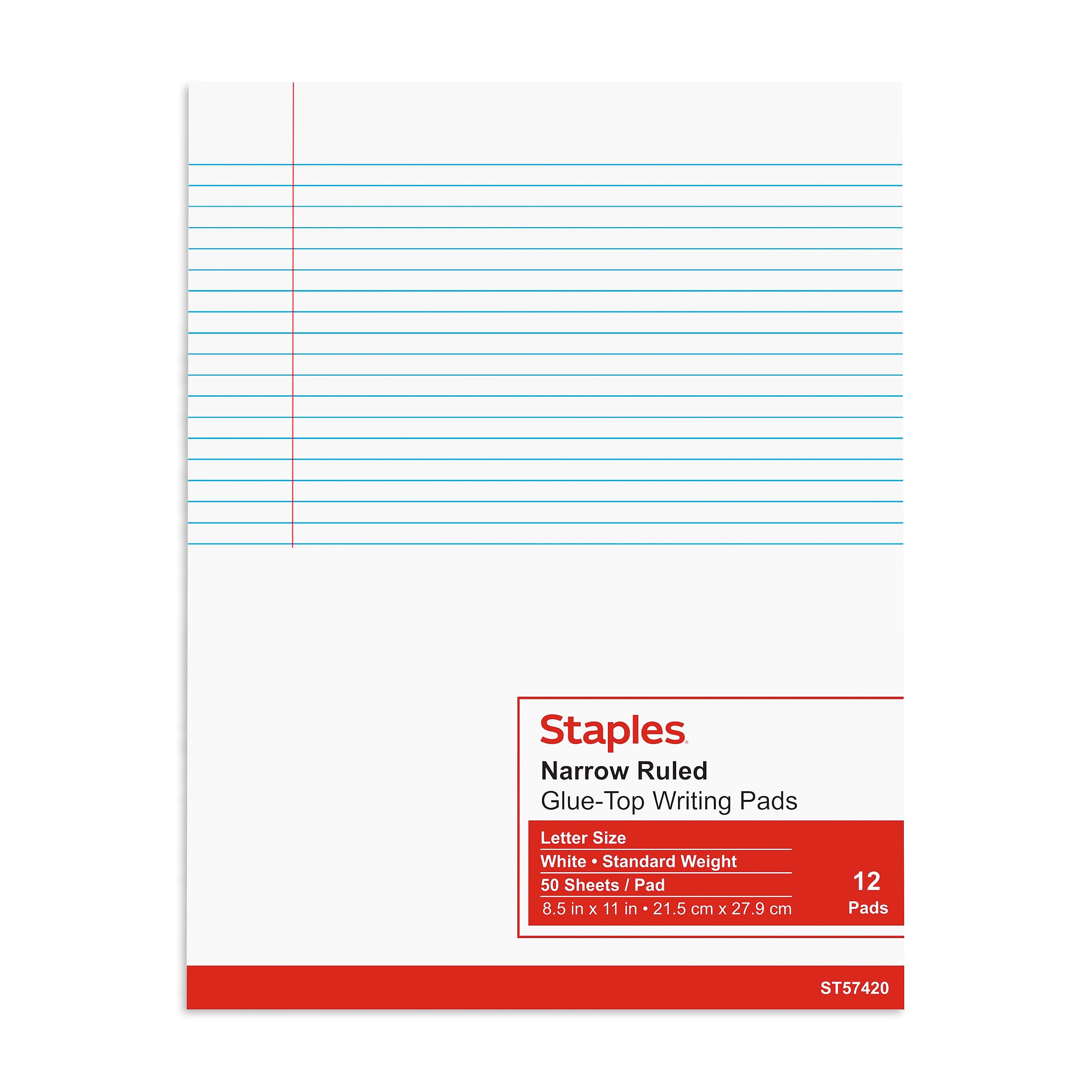 Staples Notepads, 8.5" x 11" (US letter), Narrow Ruled, White, 50 Sheets/Pad, Dozen Pads/Pack (ST57420)