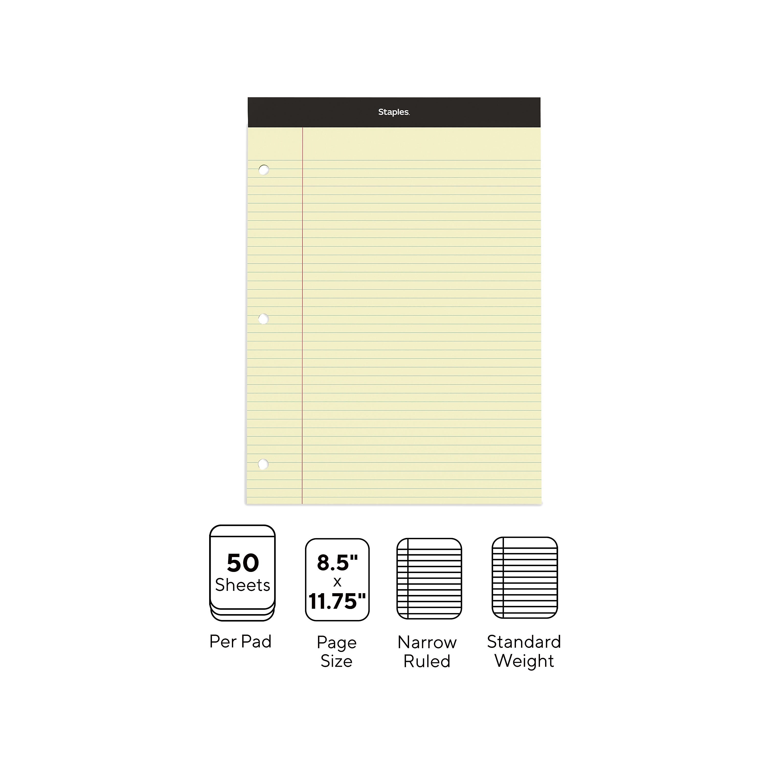 Staples Notepad, 8.5" x 11.75", Narrow Ruled, Canary, 100 Sheets/Pad, Each (ST57347)