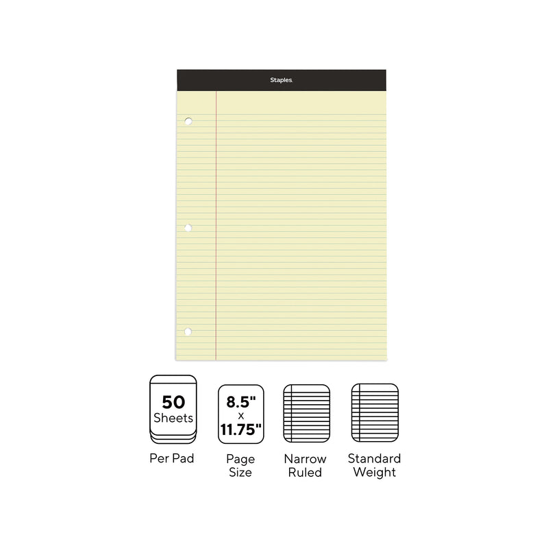 Staples Notepad, 8.5" x 11.75", Narrow Ruled, Canary, 100 Sheets/Pad, Each (ST57347)