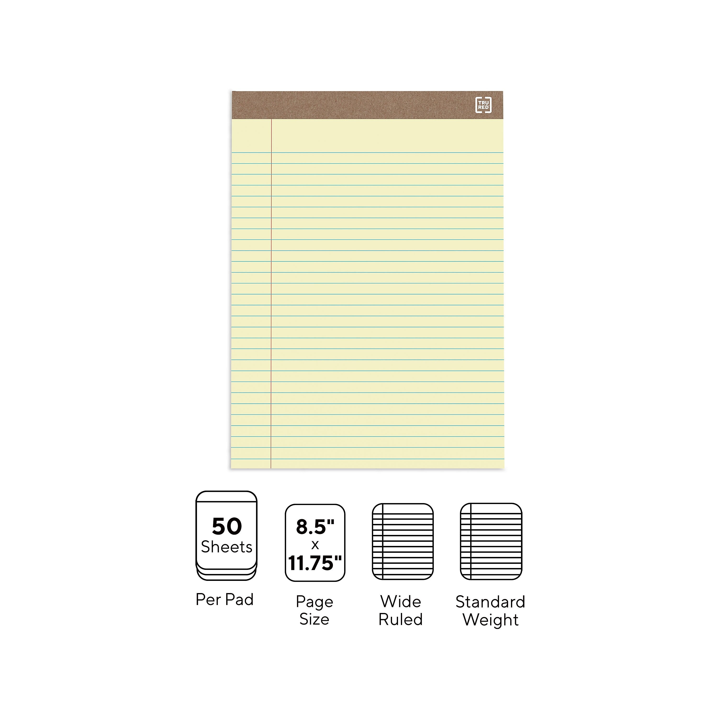 TRU RED™ Notepads, 8.5" x 11.75", Wide Ruled, Canary, 50 Sheets/Pad, Dozen Pads/Pack (TR58184)