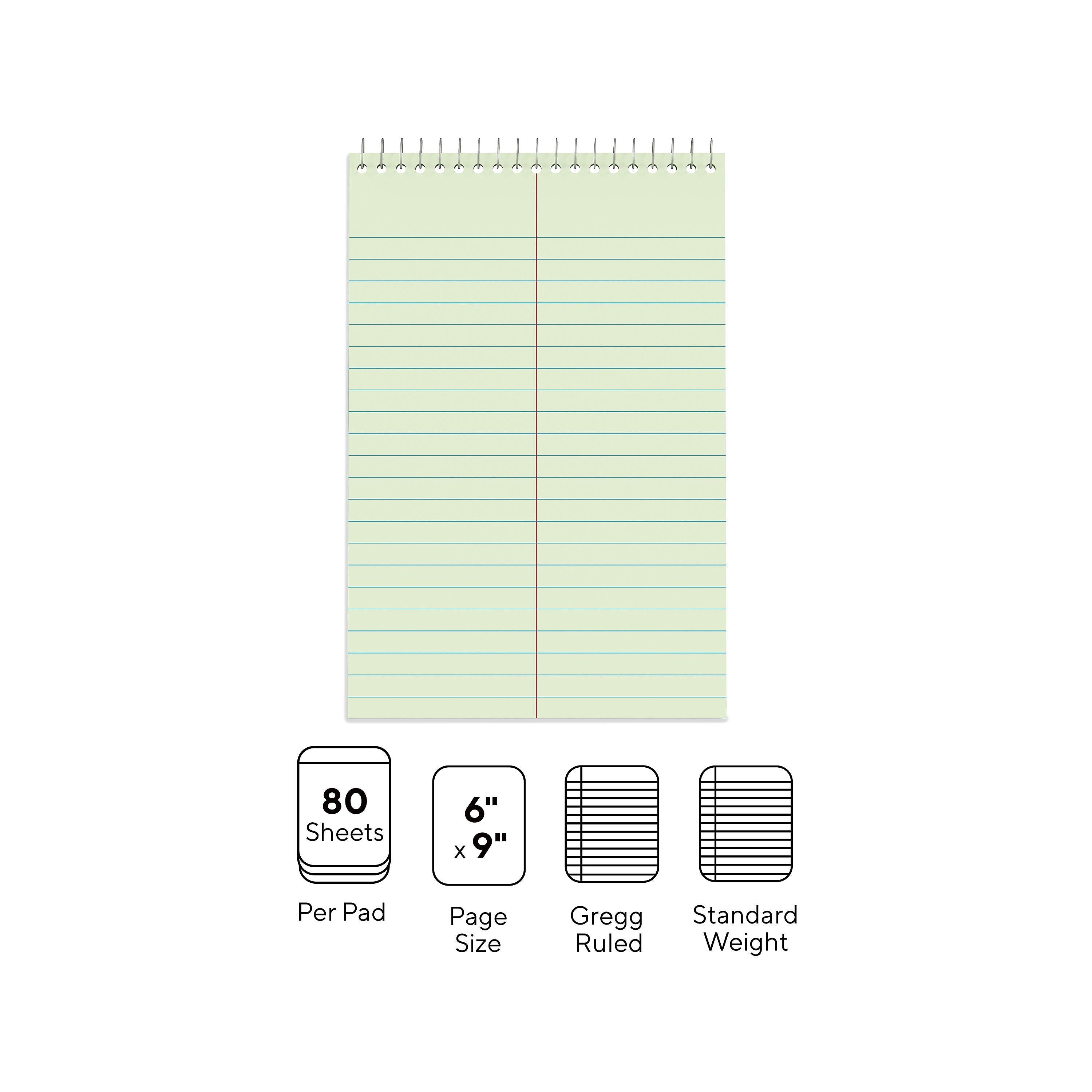 Staples Steno Pads, 6" x 9", Gregg Ruled, Green, 80 Sheets/Pad, Dozen Pads/Pack (ST57353)