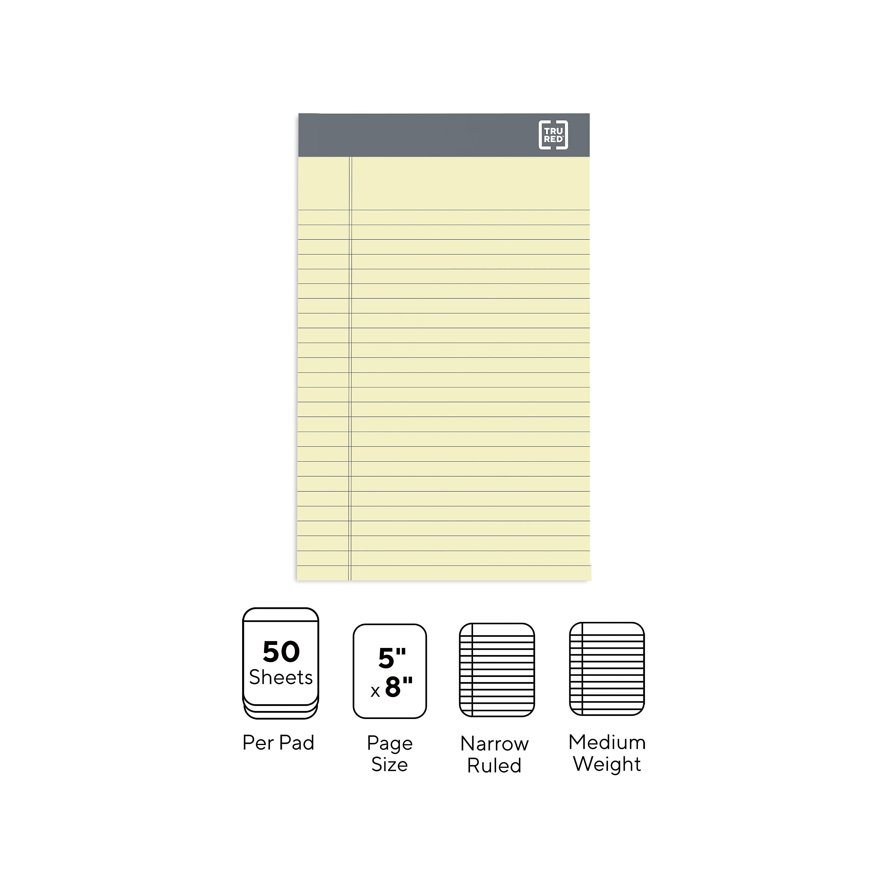 TRU RED™ Notepad, 5" x 8", Narrow Ruled, Canary, 50 Sheets/Pad, 6 Pads/Pack (TR57357)