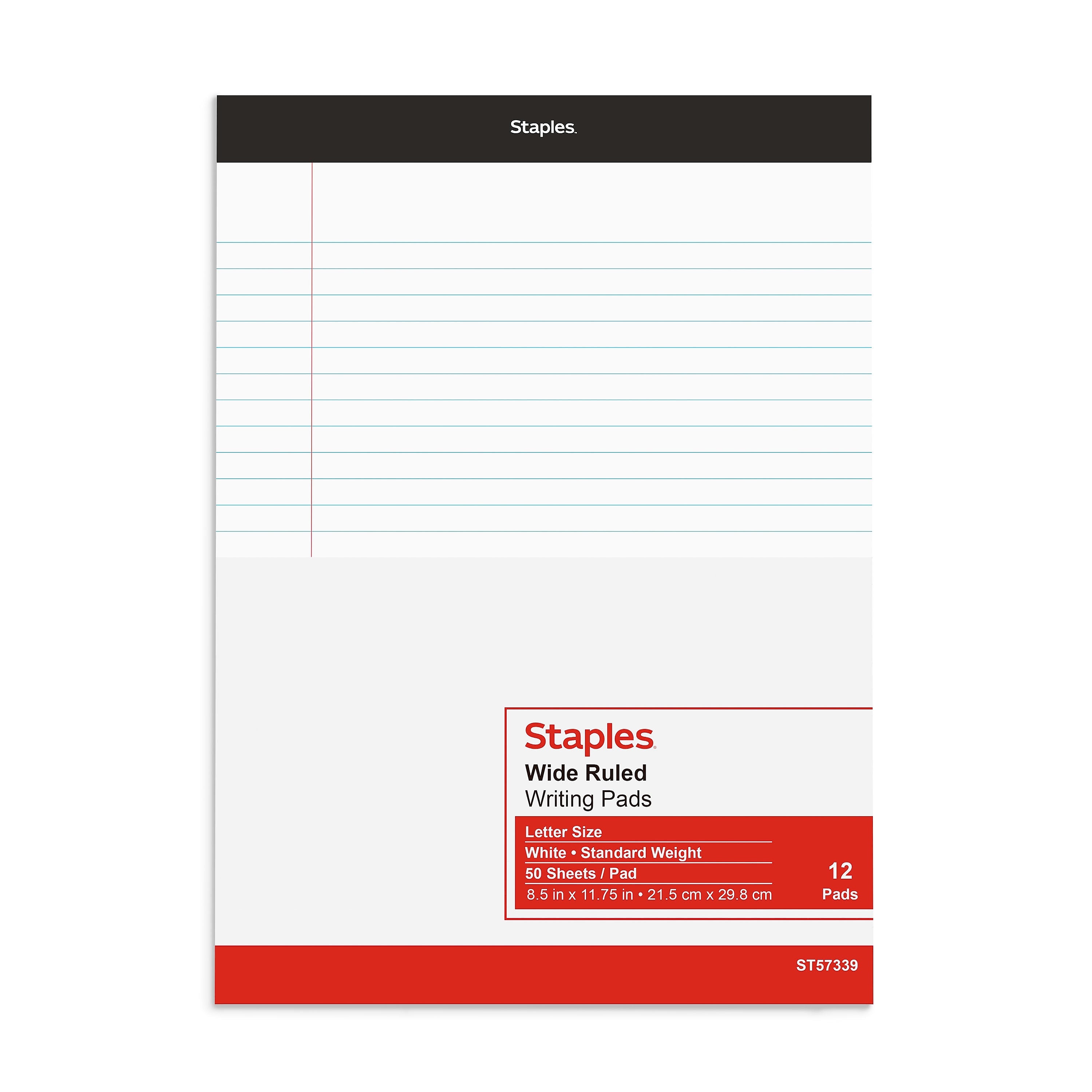 Staples Notepad, 8.5" x 11.75", Wide Ruled, White, 50 Sheets/Pad, 72 Pads/Pack (23643CT)