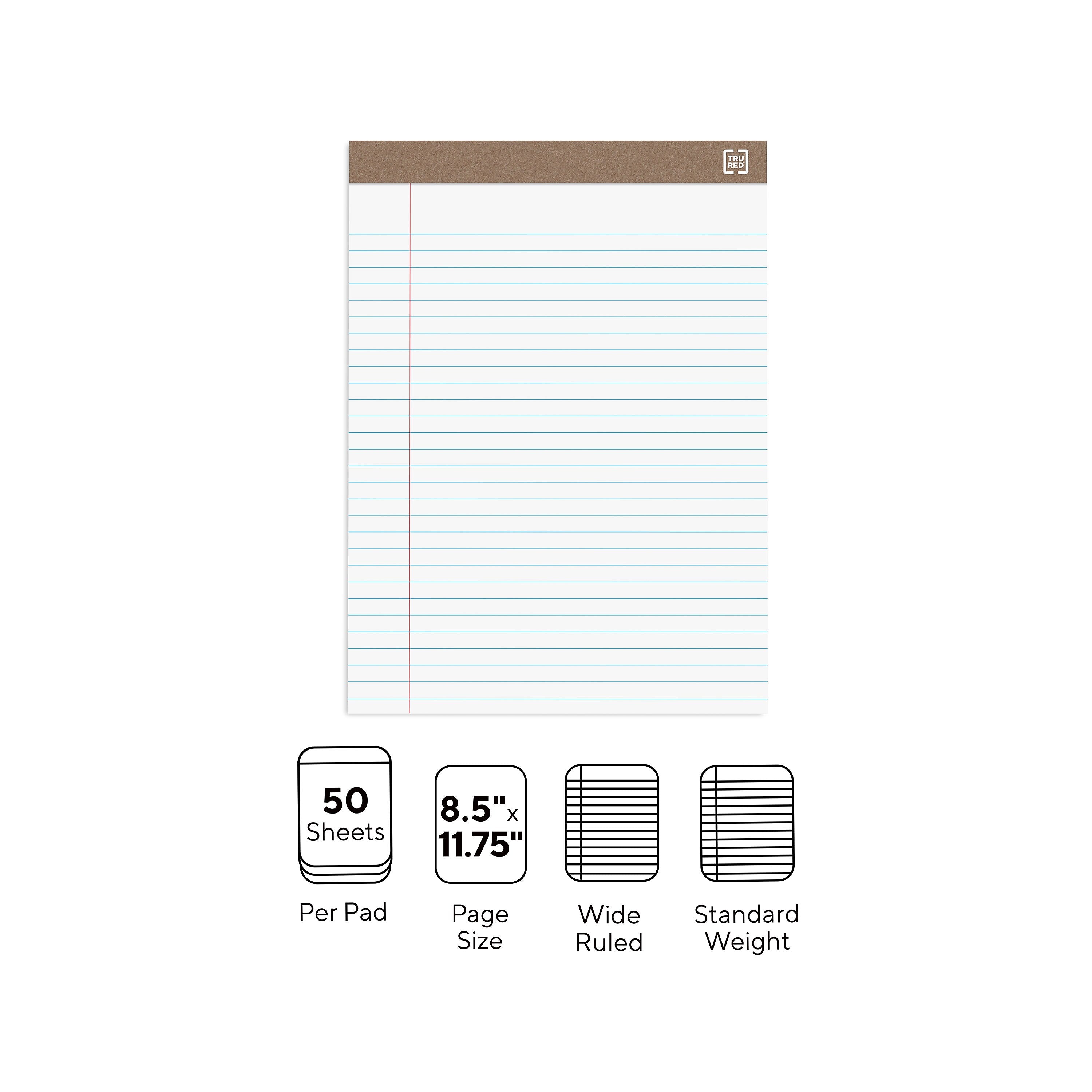 TRU RED™ Notepads, 8.5" x 11.75", Wide Ruled, White, 50 Sheets/Pad, Dozen Pads/Pack (TR58185)