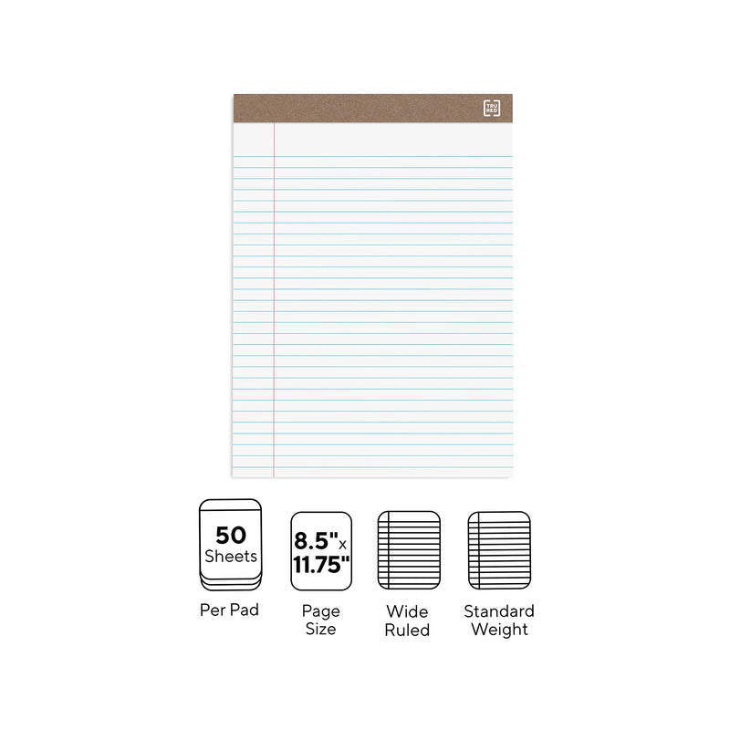 TRU RED™ Notepads, 8.5" x 11.75", Wide Ruled, White, 50 Sheets/Pad, Dozen Pads/Pack (TR58185)