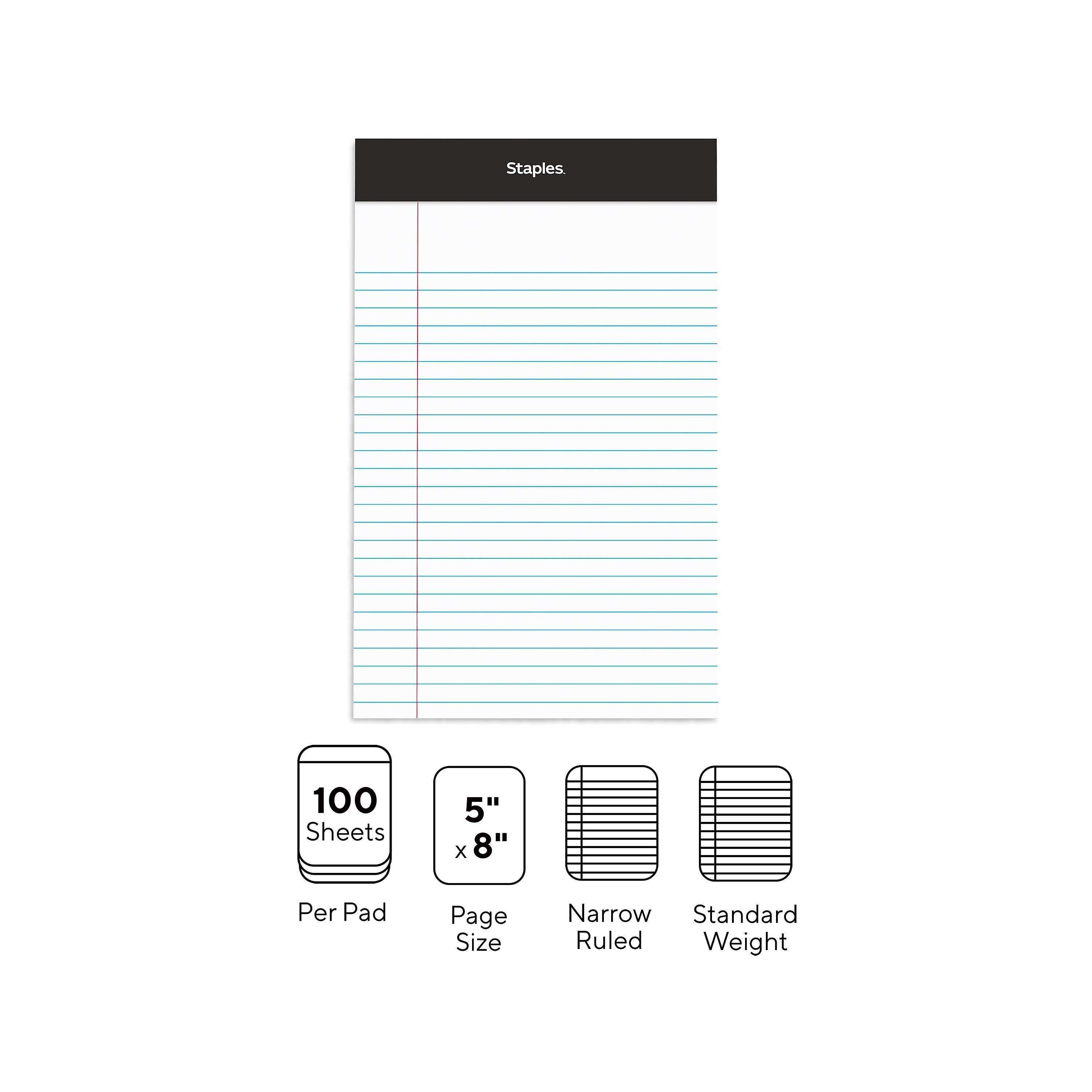 Staples Notepads, 5" x 8", Narrow Ruled, White, 100 Sheets/Pad, 6 Pads/Pack (ST57343)