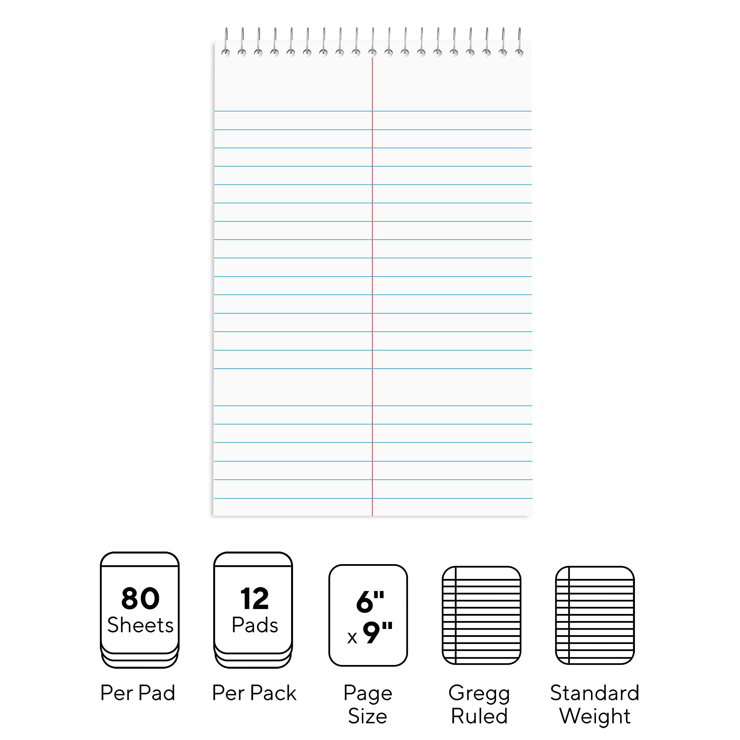 Staples Steno Pad, 6" x 9", Gregg Ruled, White, 80 Sheets/Pad, Dozen (ST57354/TR57354)