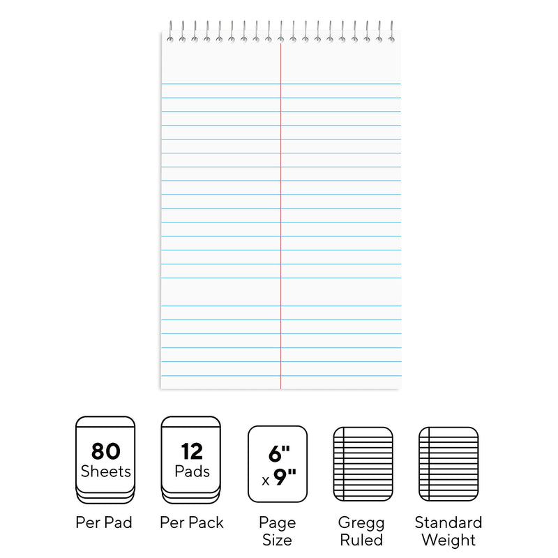 Staples Steno Pad, 6" x 9", Gregg Ruled, White, 80 Sheets/Pad, Dozen (ST57354/TR57354)