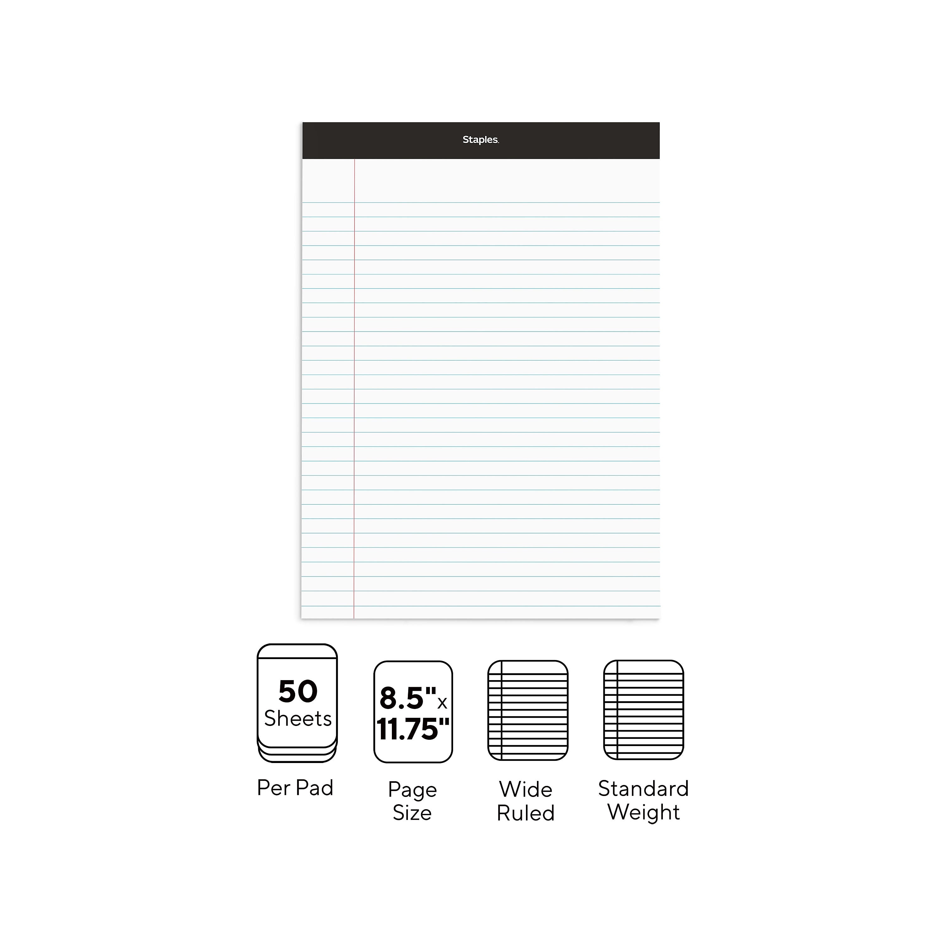 Staples Notepad, 8.5" x 11.75", Wide Ruled, White, 50 Sheets/Pad, 72 Pads/Pack (23643CT)