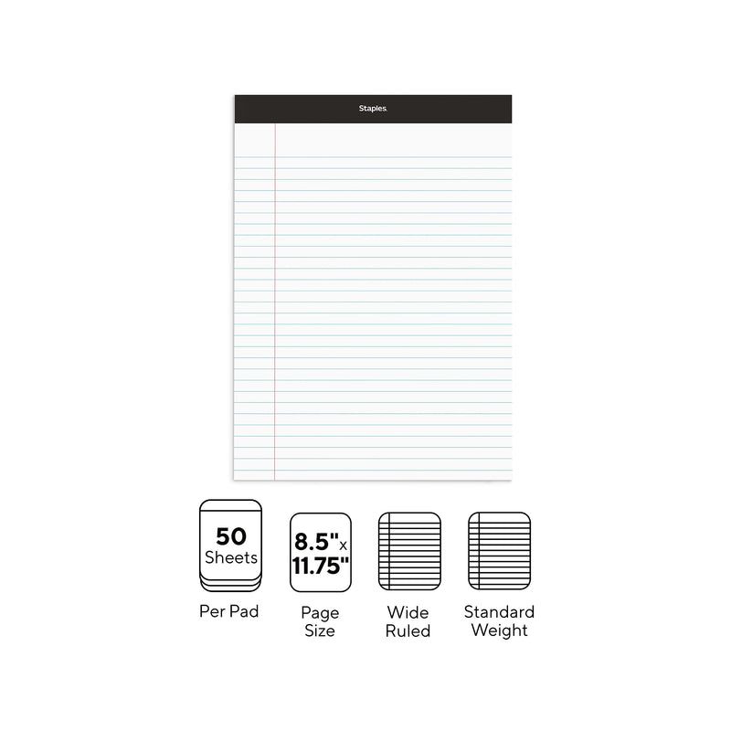 Staples Notepad, 8.5" x 11.75", Wide Ruled, White, 50 Sheets/Pad, 72 Pads/Pack (23643CT)