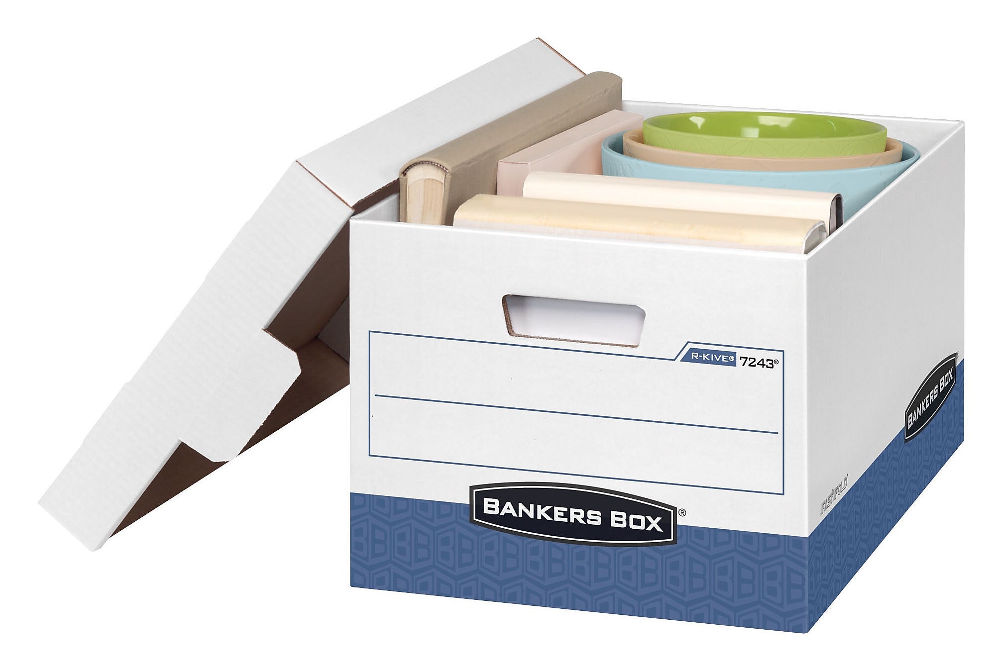 Bankers Box R-Kive Heavy Duty 60% Recycled FastFold Corrugated File Box Lift Off Lid, Letter/Legal Size, White/Blue, 20/Carton