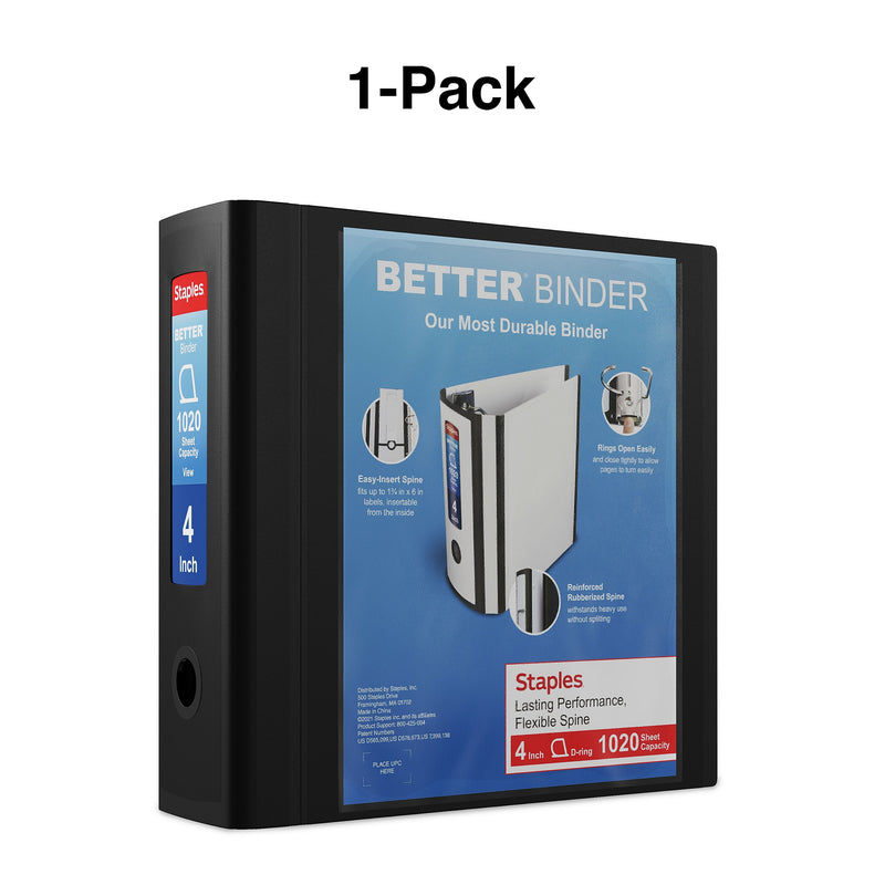 Staples 4" 3-Ring Better Binder, D-Ring, Black (44103)