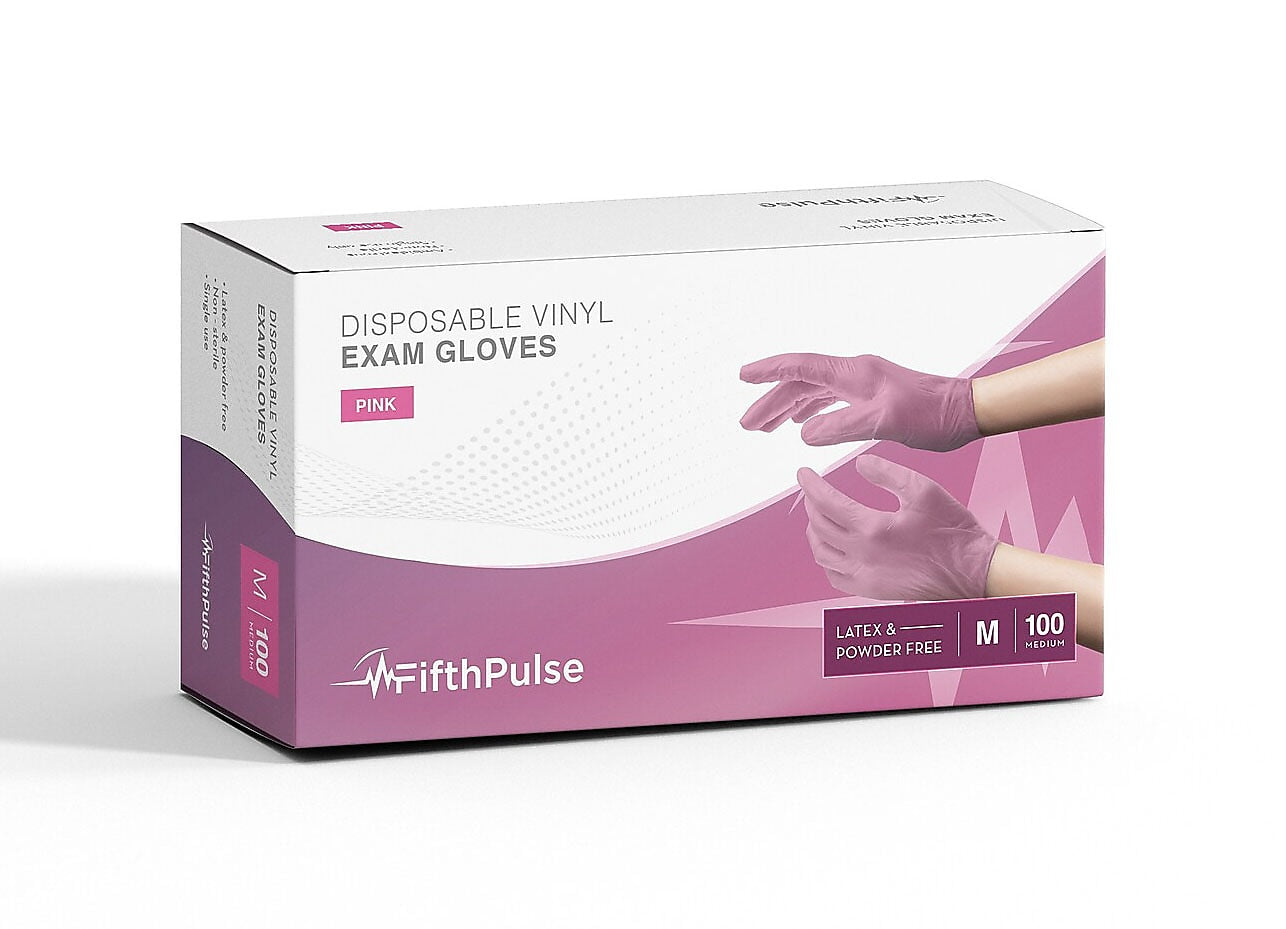 FifthPulse Powder Free Vinyl Exam Gloves, Latex Free, Medium, Pink, 100/Box (FMN100042)