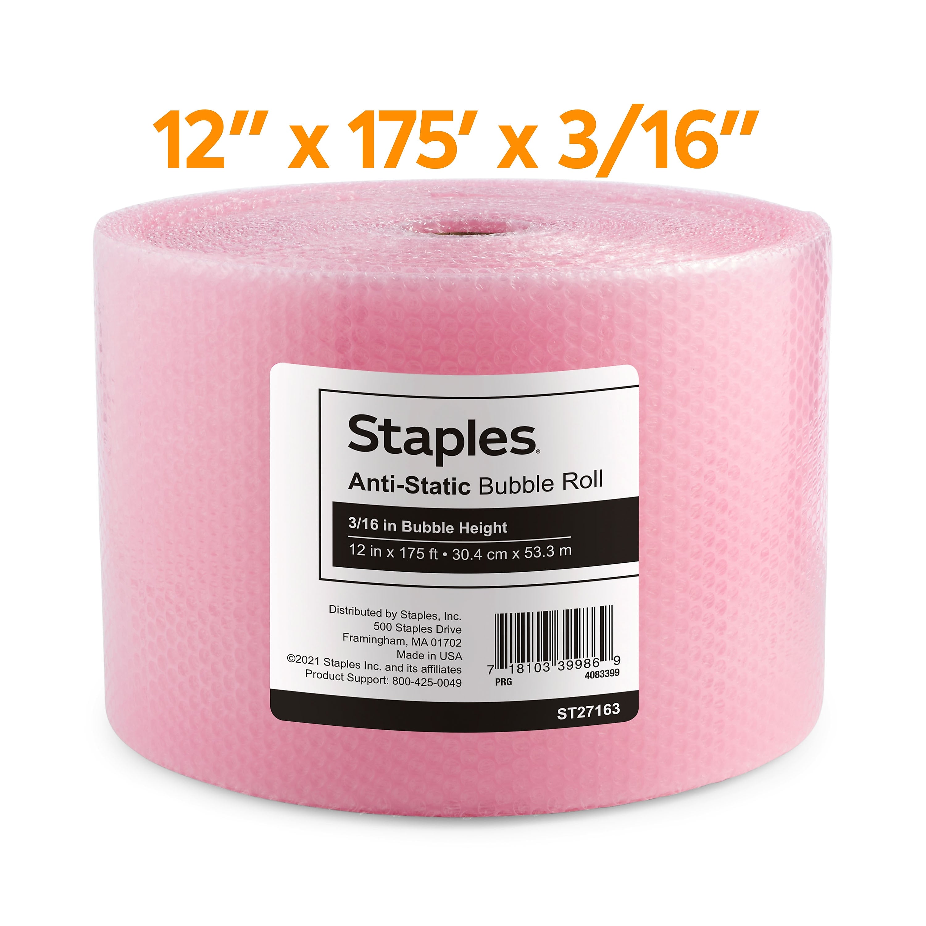 3/16" Antistatic UPS Approved Bubble Roll, Anti-Static, 12" x 175' (4072825)