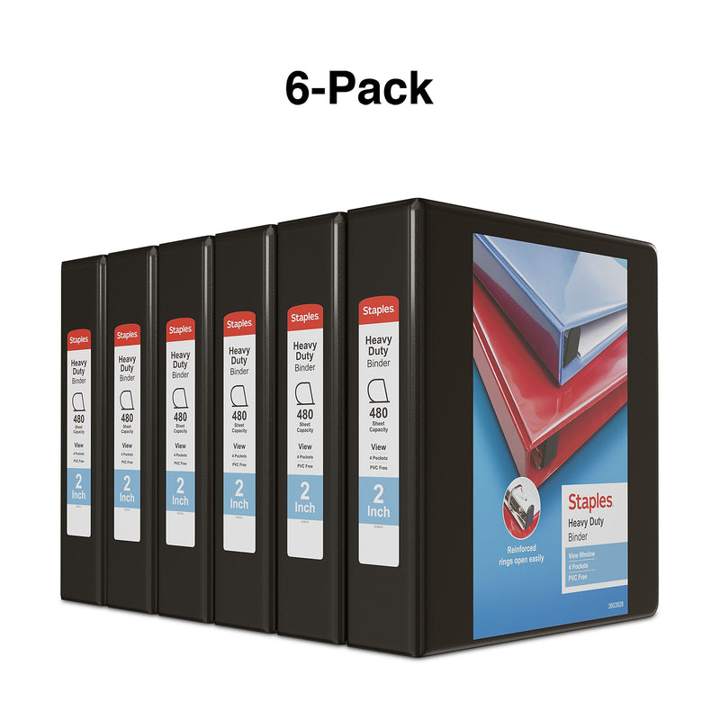 Staples Heavy Duty 2" 3-Ring View Binders, D-Ring, Black, 6/Pack (56233CT/24684CT)