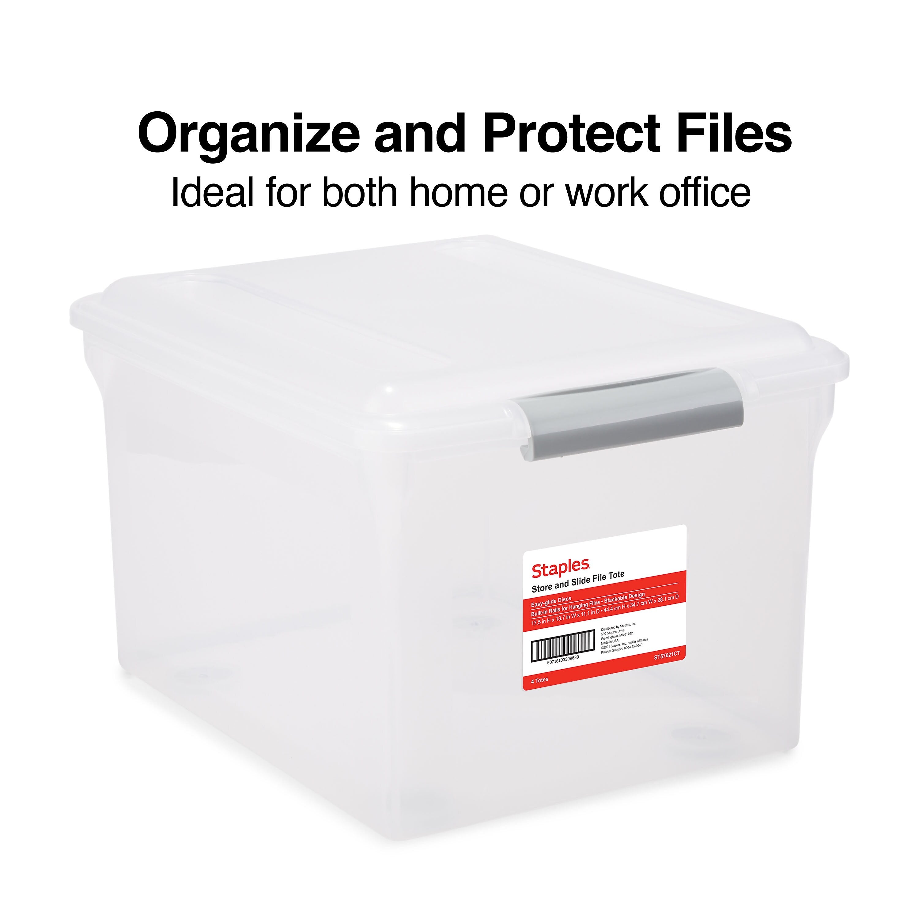 Staples Store & Slide Weather-Resistant File Box, Letter/Legal Size, Clear, 4/Carton (TR57621CT)