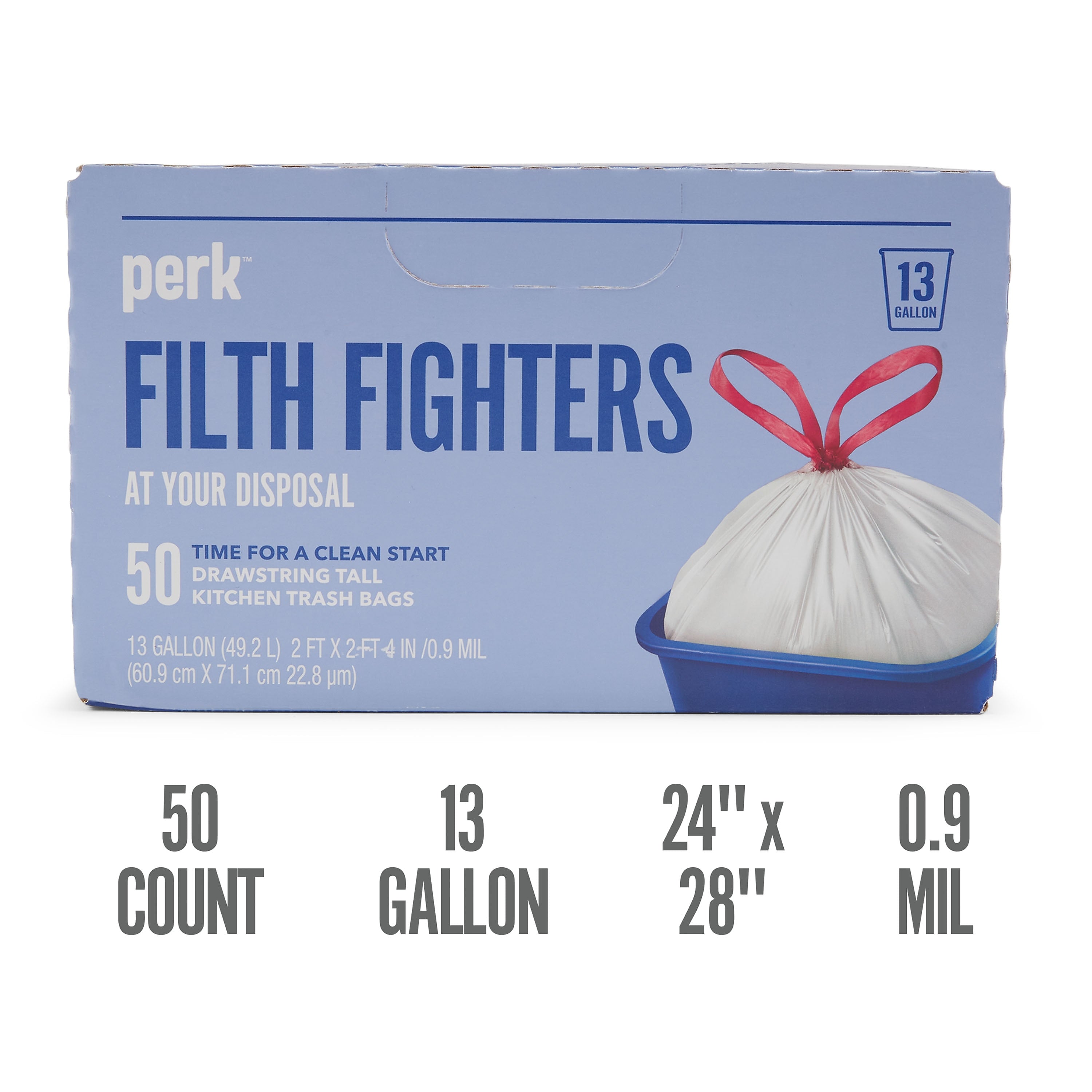 Perk™ 13 Gallon Kitchen Trash Bag, 28" x 24", Low Density, 0.9 mil, White, 50 Bags/Box, 6 Boxes/Carton (PK56745CT)