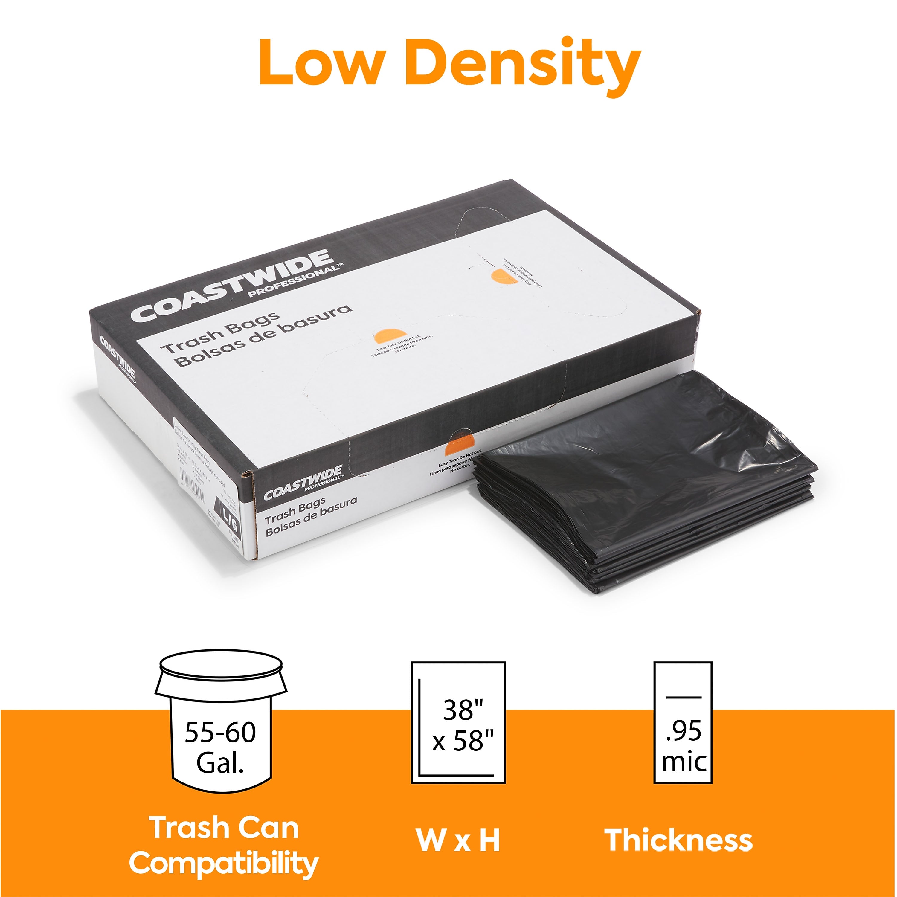 Coastwide Professional™ 55-60 Gallon Trash Bag, 38" x 58", Low Density, 0.95 mil, Black, 100 Bags/Box (CW18188)