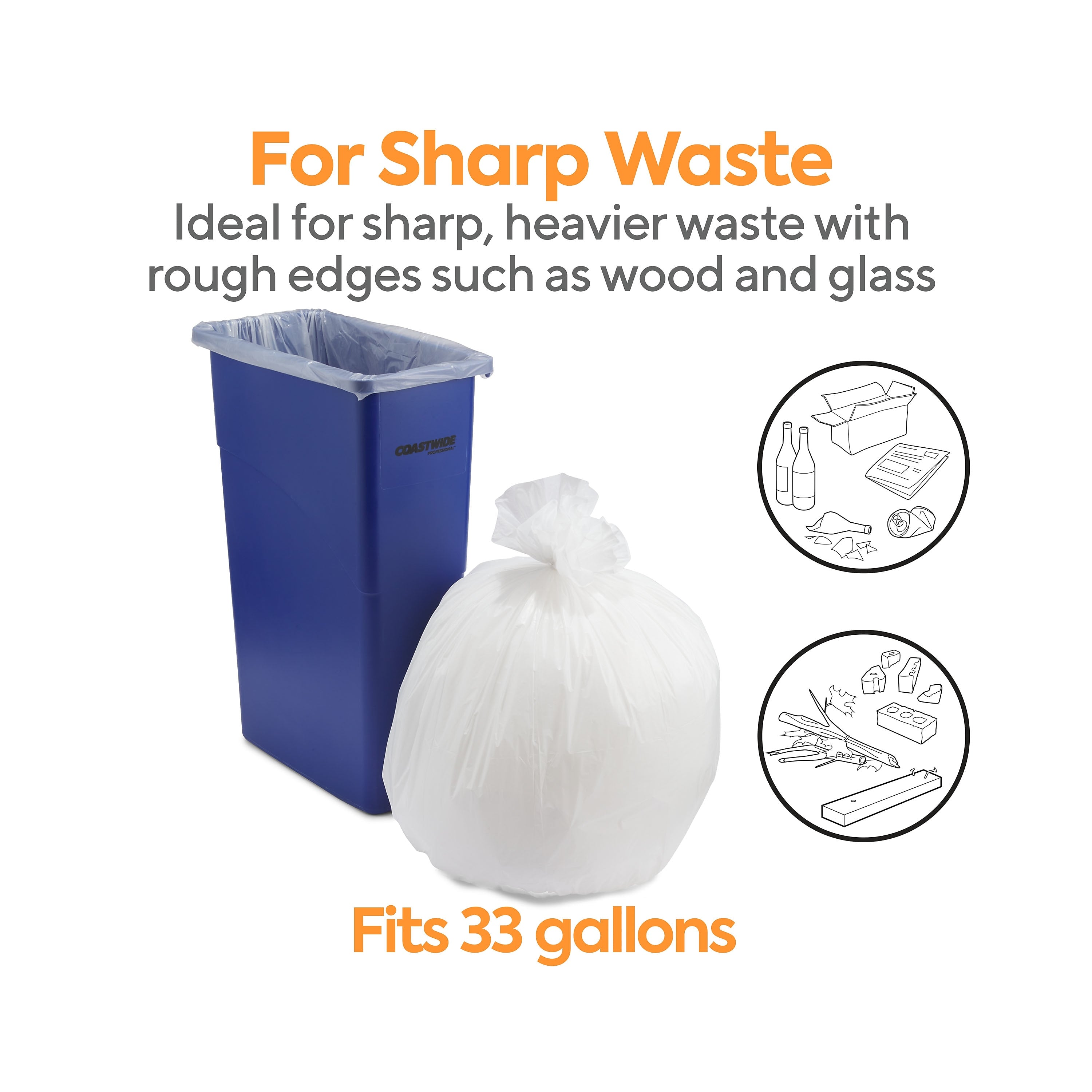 Coastwide Professional™ 30-33 Gallon Trash Bag, 33" x 39", Low Density, 0.74 mil, White, 150 Bags/Box (CW18185)