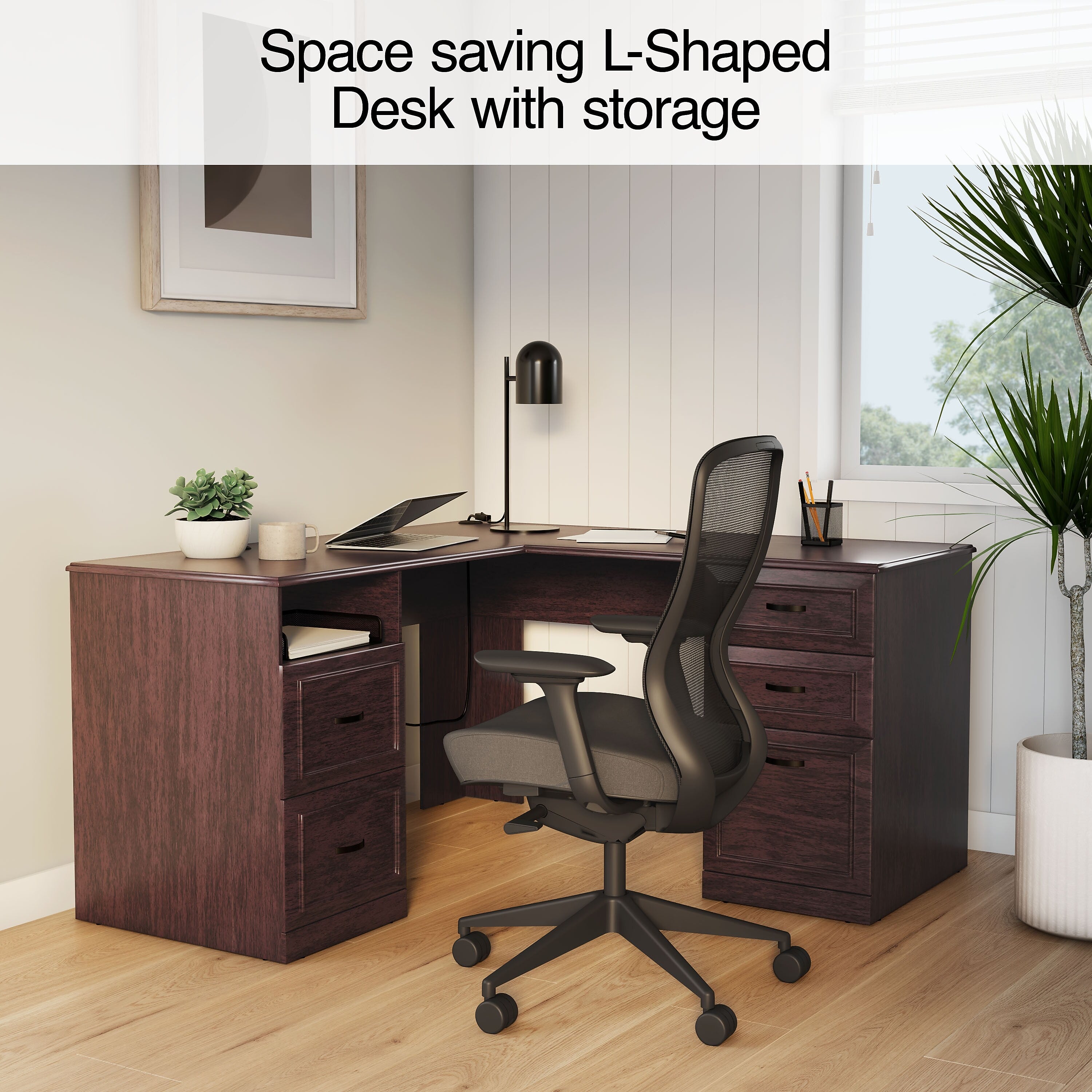 Staples Kendall Park 58.8"W L-Shaped Desk, Cherry (52493)