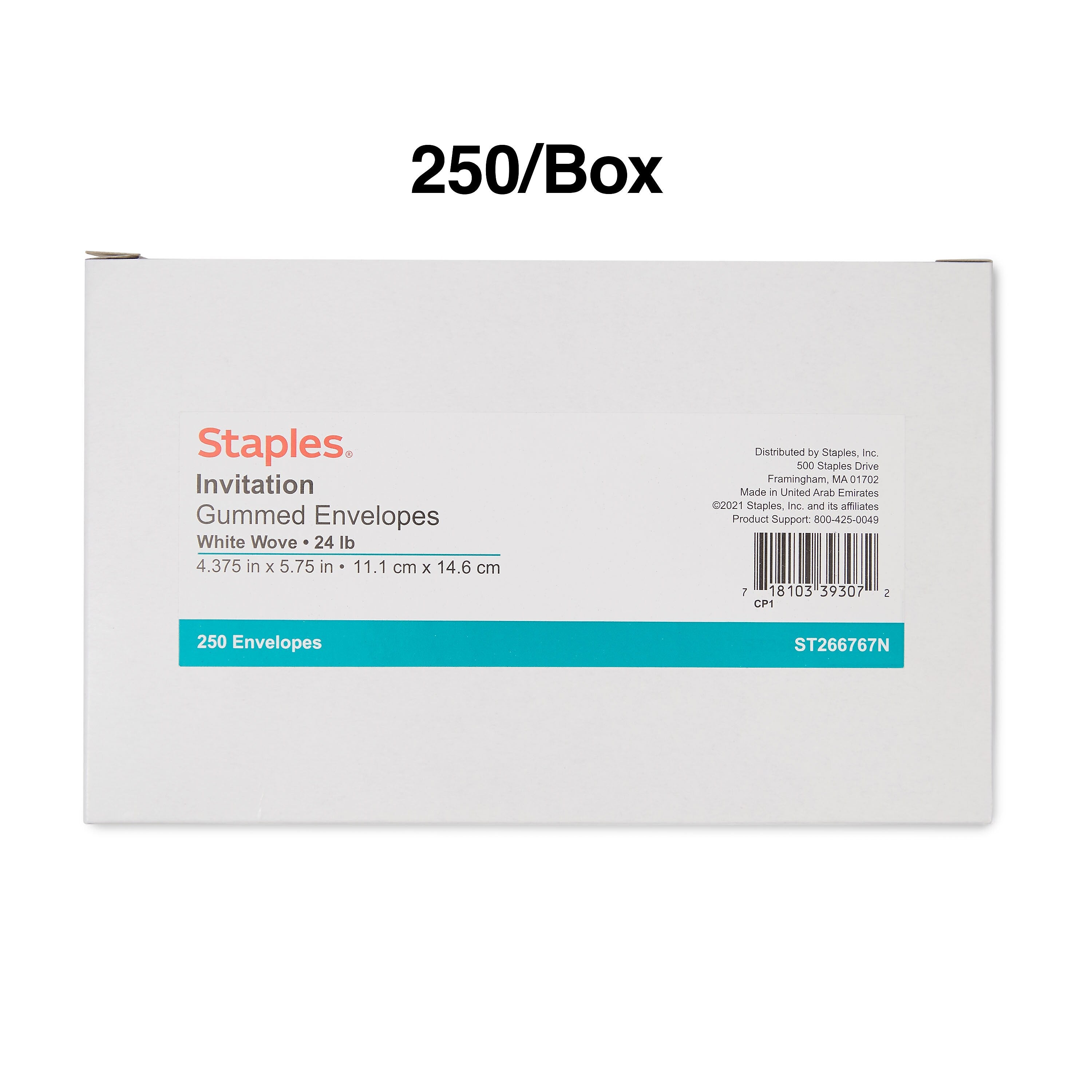 Staples Gummed Invitation Envelopes, 5 3/4" x 4 3/8", White, 250/Box (266767N)