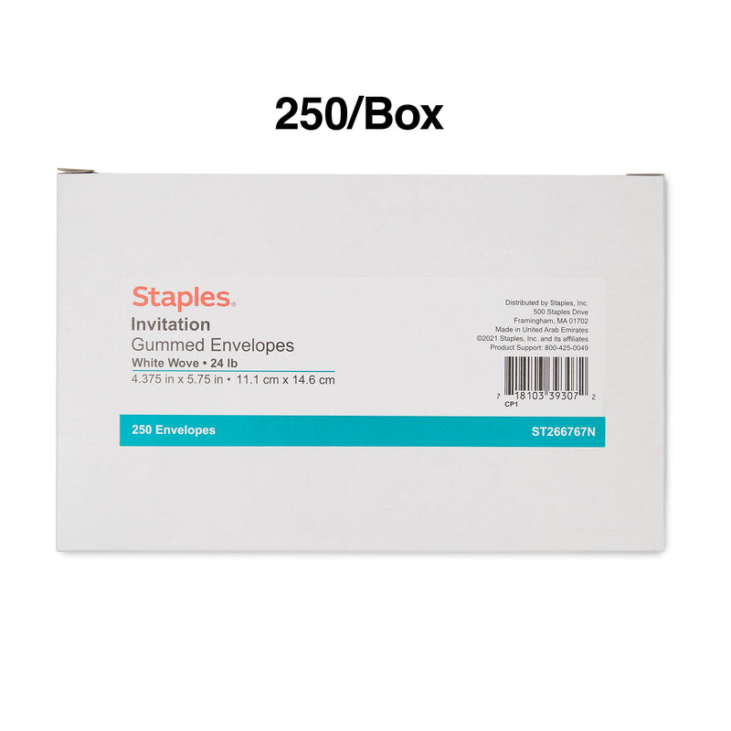 Staples Gummed Invitation Envelopes, 5 3/4" x 4 3/8", White, 250/Box (266767N)