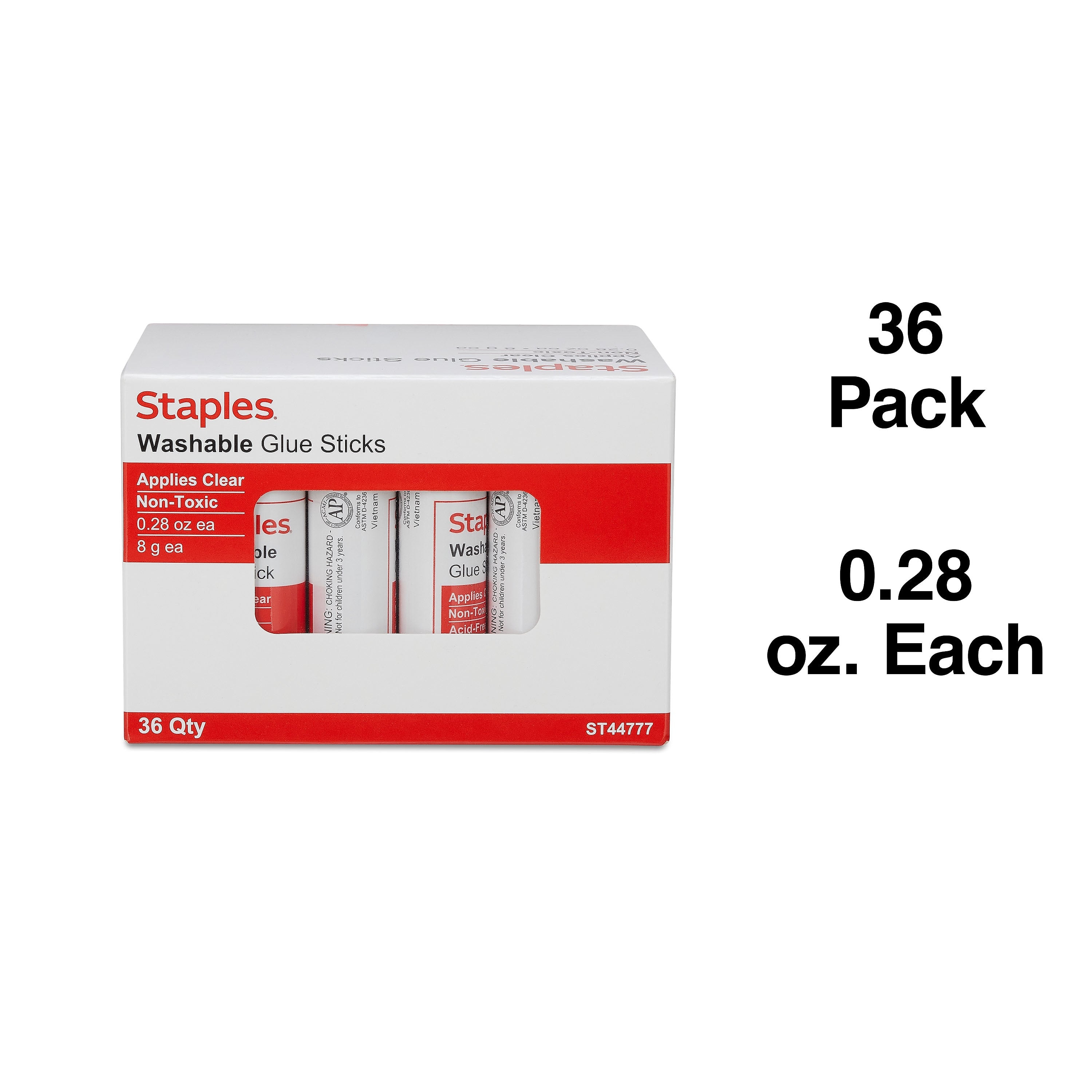 Staples® Washable Glue Sticks, 0.28 oz., Clear, 36/Pack (ST44777)