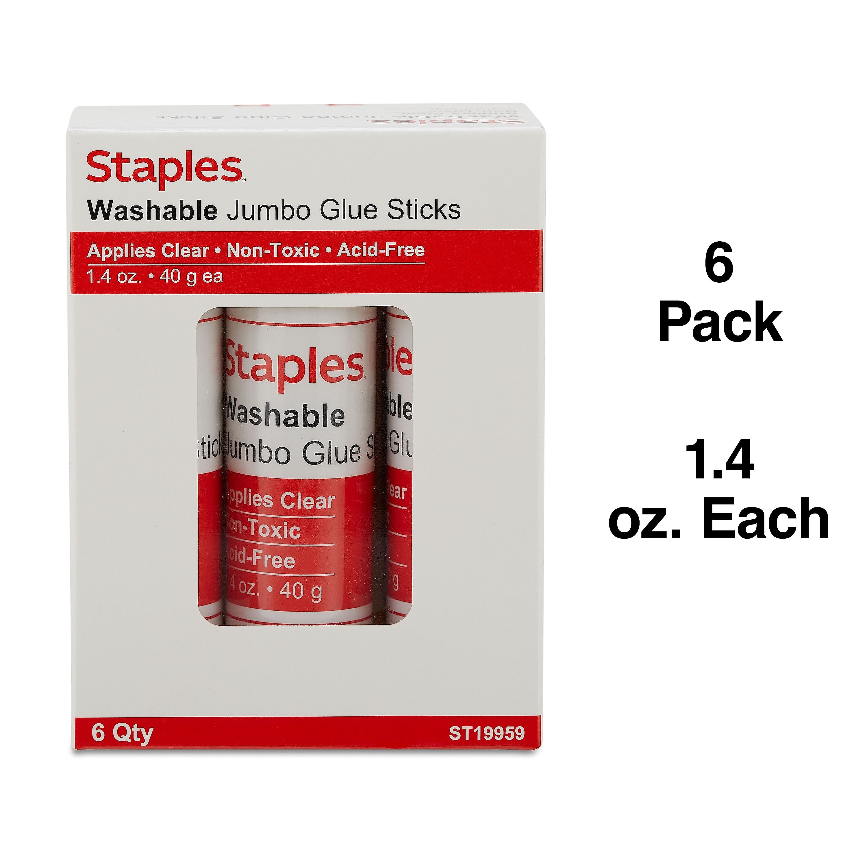 Staples® Jumbo Washable Glue Sticks, 1.4 oz., Clear, 6/Pack (ST19959/19959)