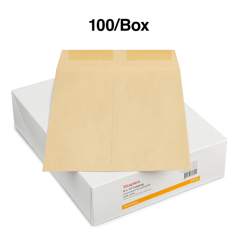 Staples Gummed Kraft Catalog Envelopes, 9"L x 12"H, Brown, 100/Box (SPL194969)
