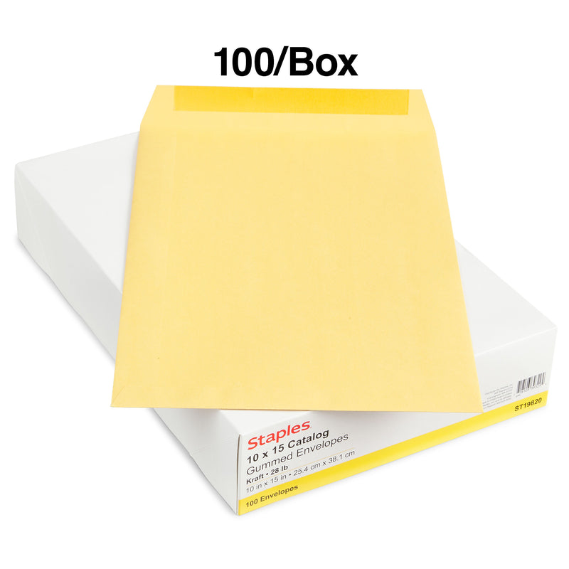 Staples Gummed Kraft Catalog Envelopes, 10"L x 15"H, Brown, 100/Box (SPL534768)