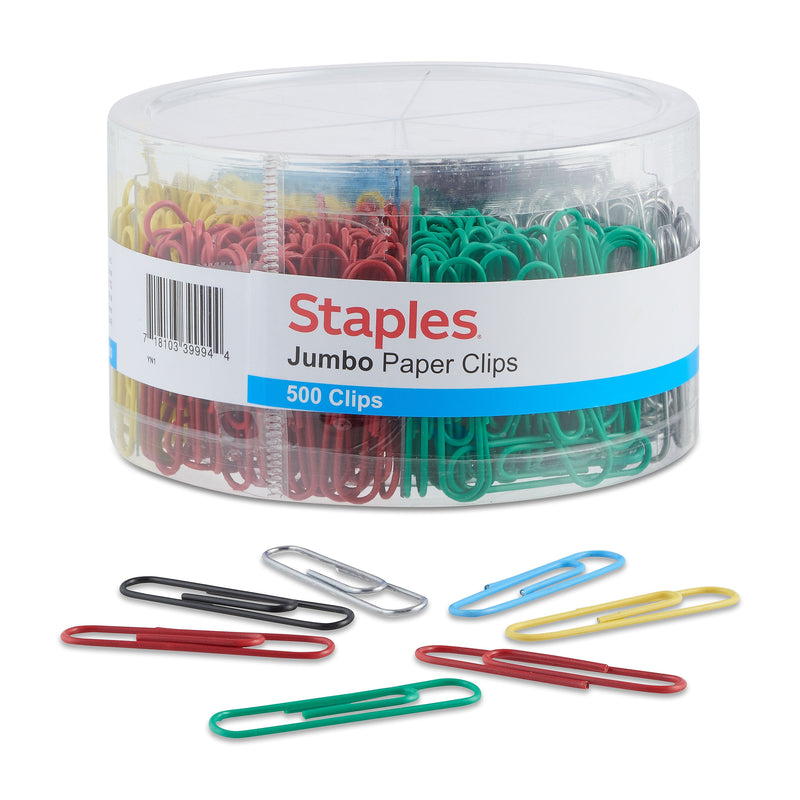 Staples Jumbo Paper Clips, Assorted Colors, 500 Clips/Pack (ST40653/40653)