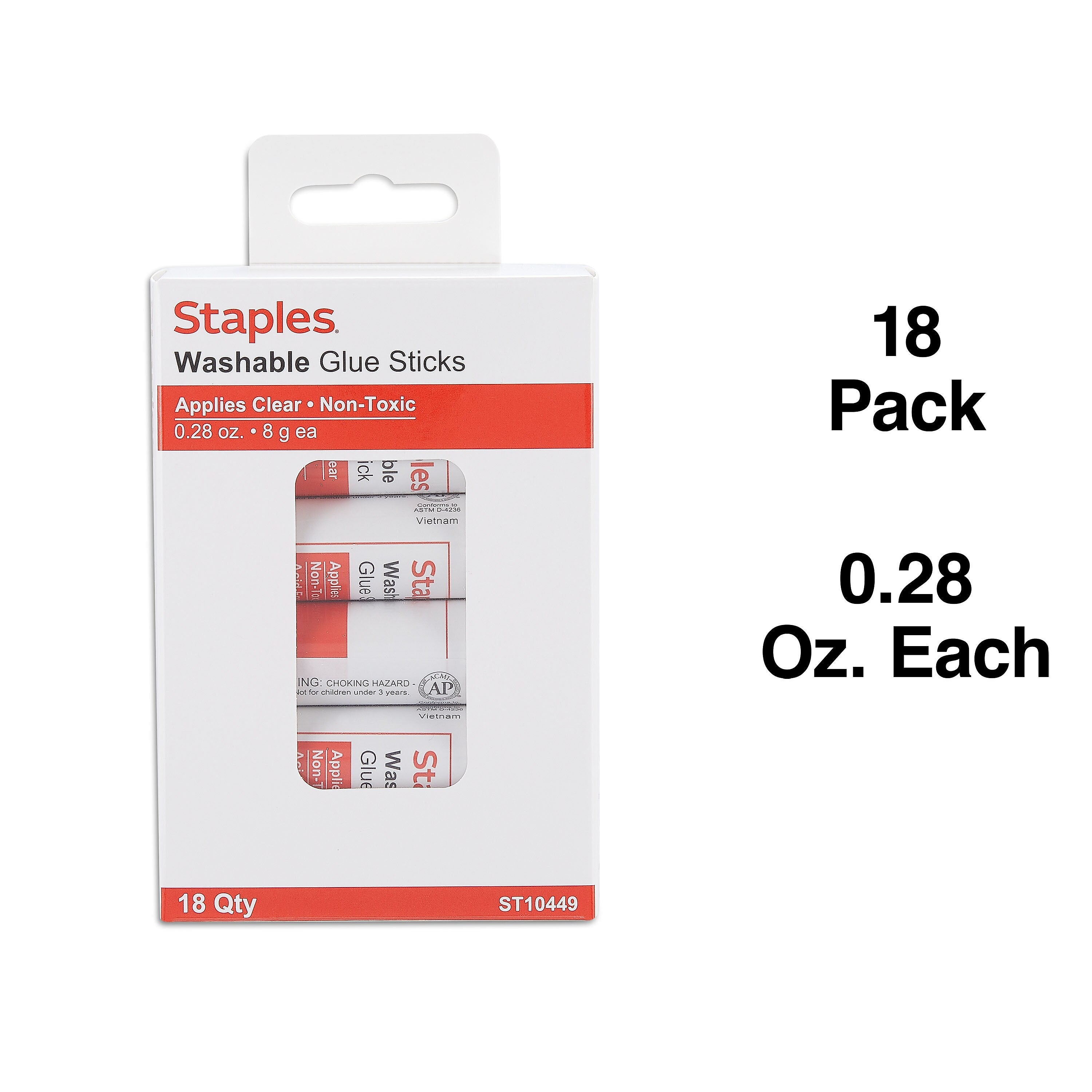 Staples® Washable Glue Sticks, 0.28 oz., Clear, 18/Pack (ST10449/10449)