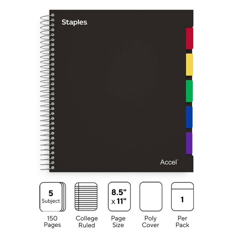 Staples Premium 5-Subject Subject Notebook, 8.5" x 11", College Ruled, 150 Sheets, Black (ST24430D)