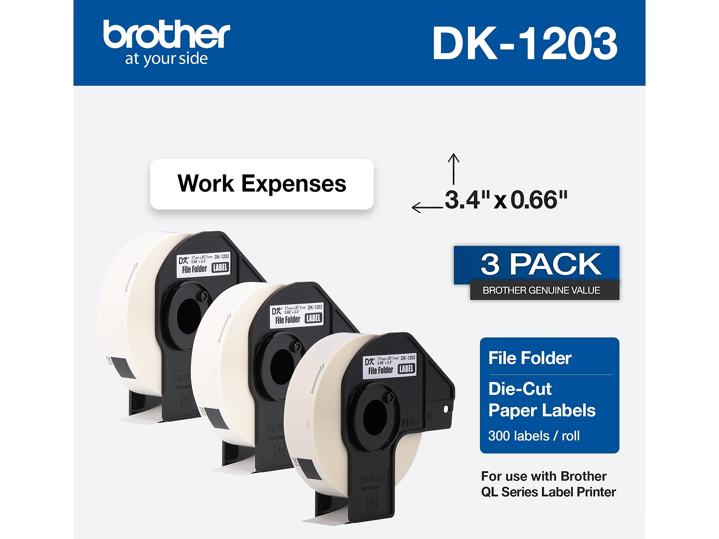 Brother DK-1203 File Folder Paper Labels, 3-4/10" x 2/3", Black on White, 300 Labels/Roll, 3 Rolls/Box (DK-12033PK)