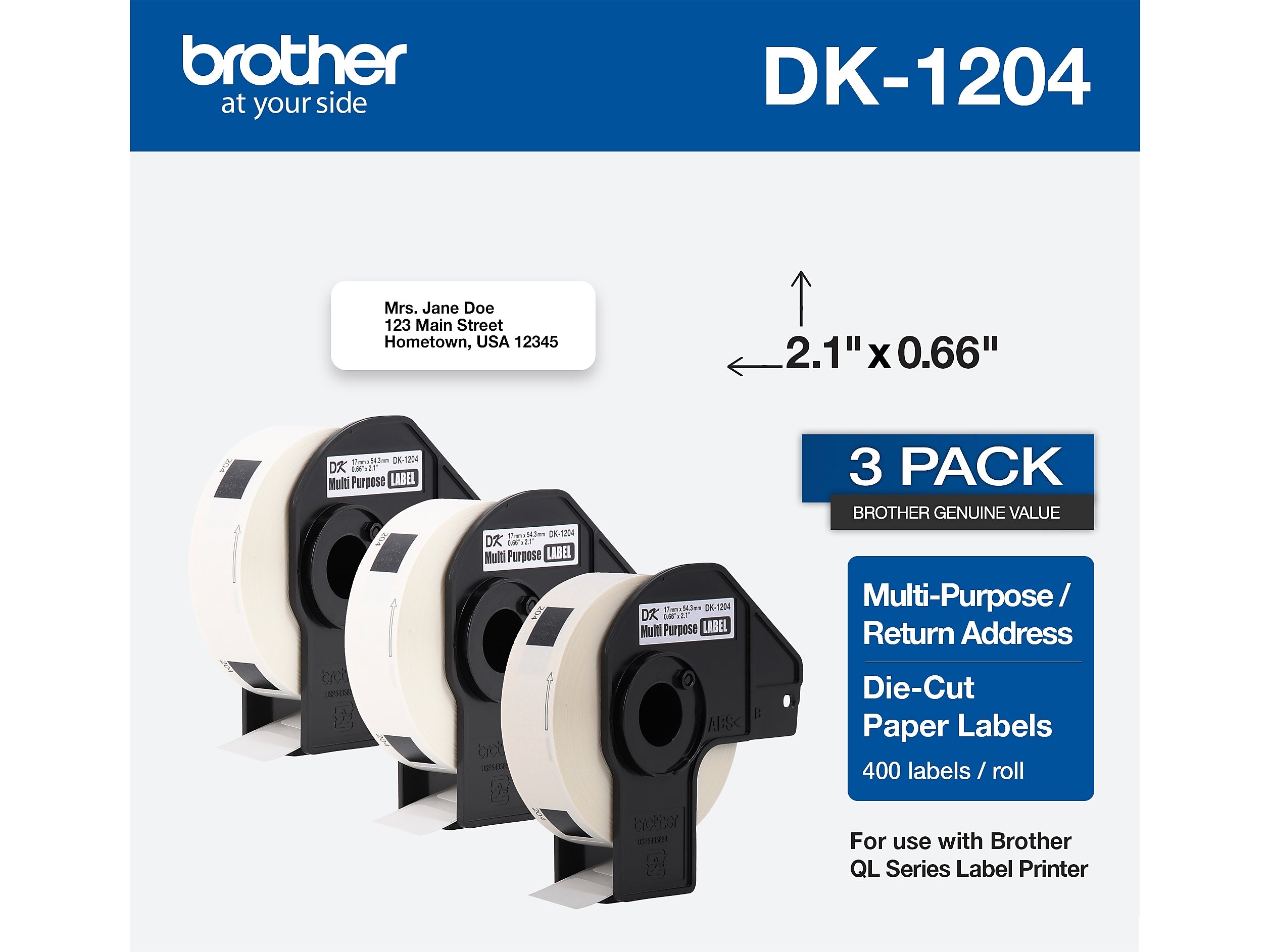 Brother DK-1204 Multi-Purpose Paper Labels, 2-1/10" x 2/3", Black on White, 400 Labels/Roll, 3 Rolls/Box (DK-12043PK)