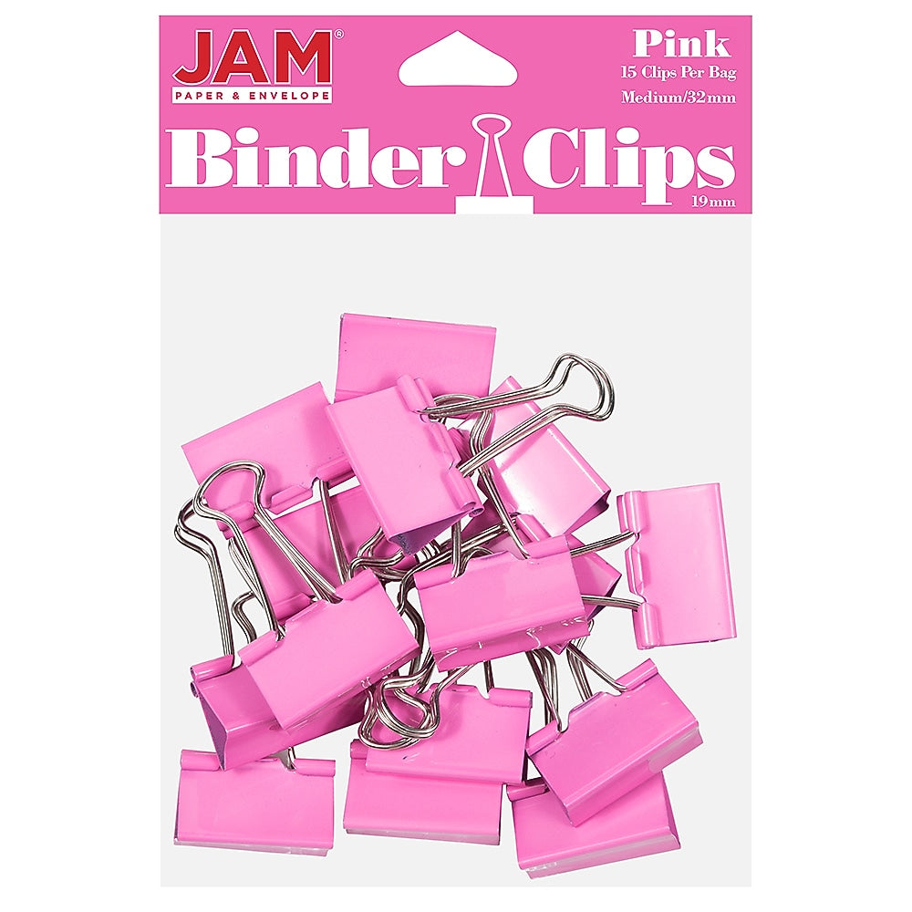 JAM Paper Colored Binder Clips, Medium,  5/8" Capacity, Pink, 15/Pack (339BCPI)