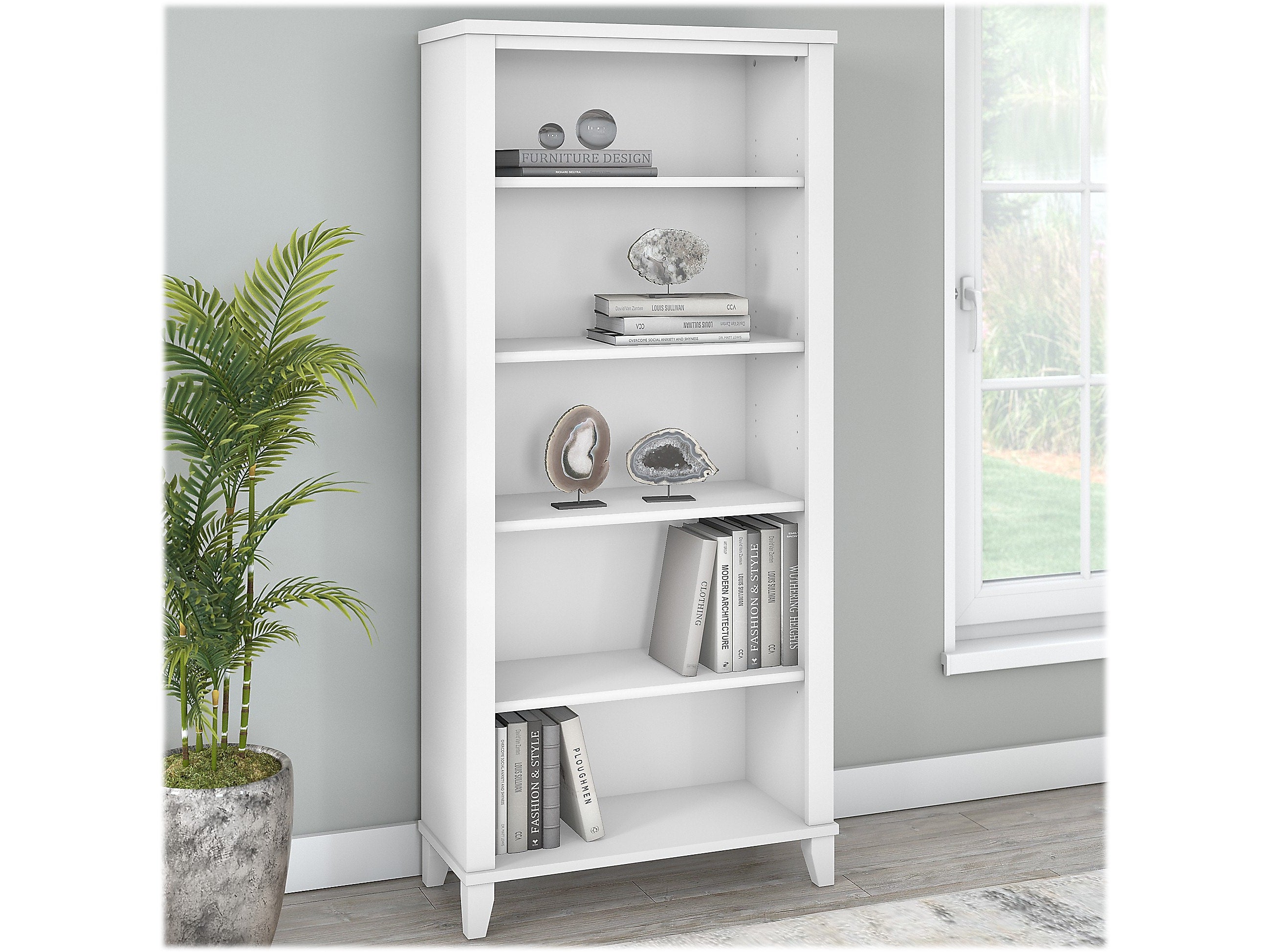 Bush Furniture Somerset 65"H 5-Shelf Bookcase with Adjustable Shelves, White Laminate (WC81965)