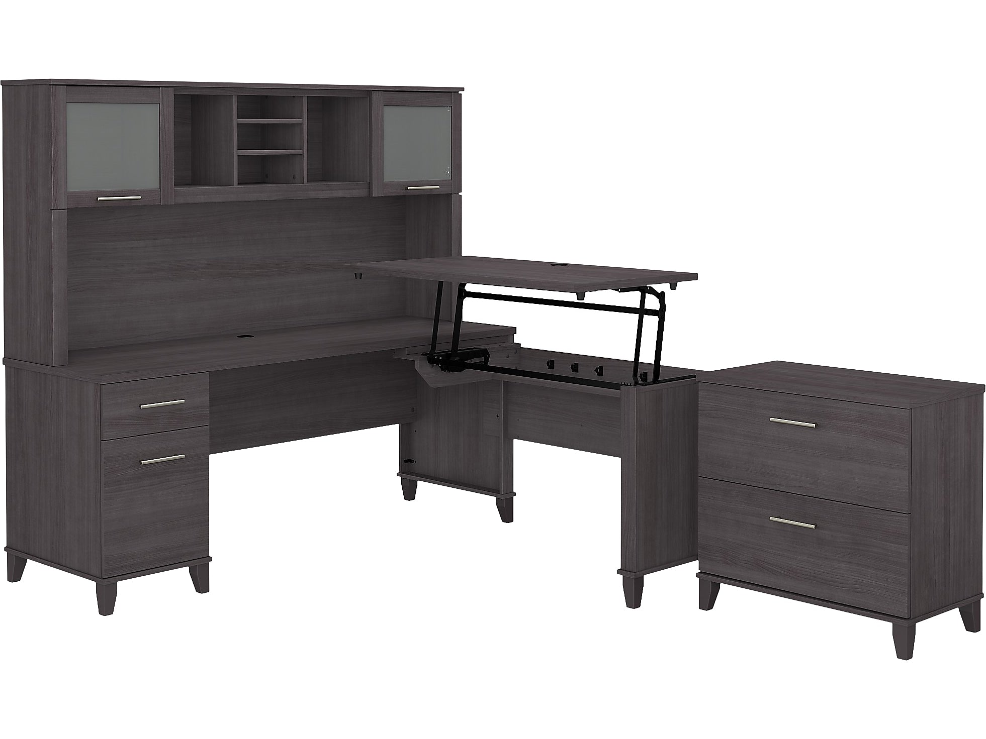 Bush Furniture Somerset 72"W 3 Position Sit to Stand L Shaped Desk with Hutch and File Cabinet, Storm Gray (SET016SG)