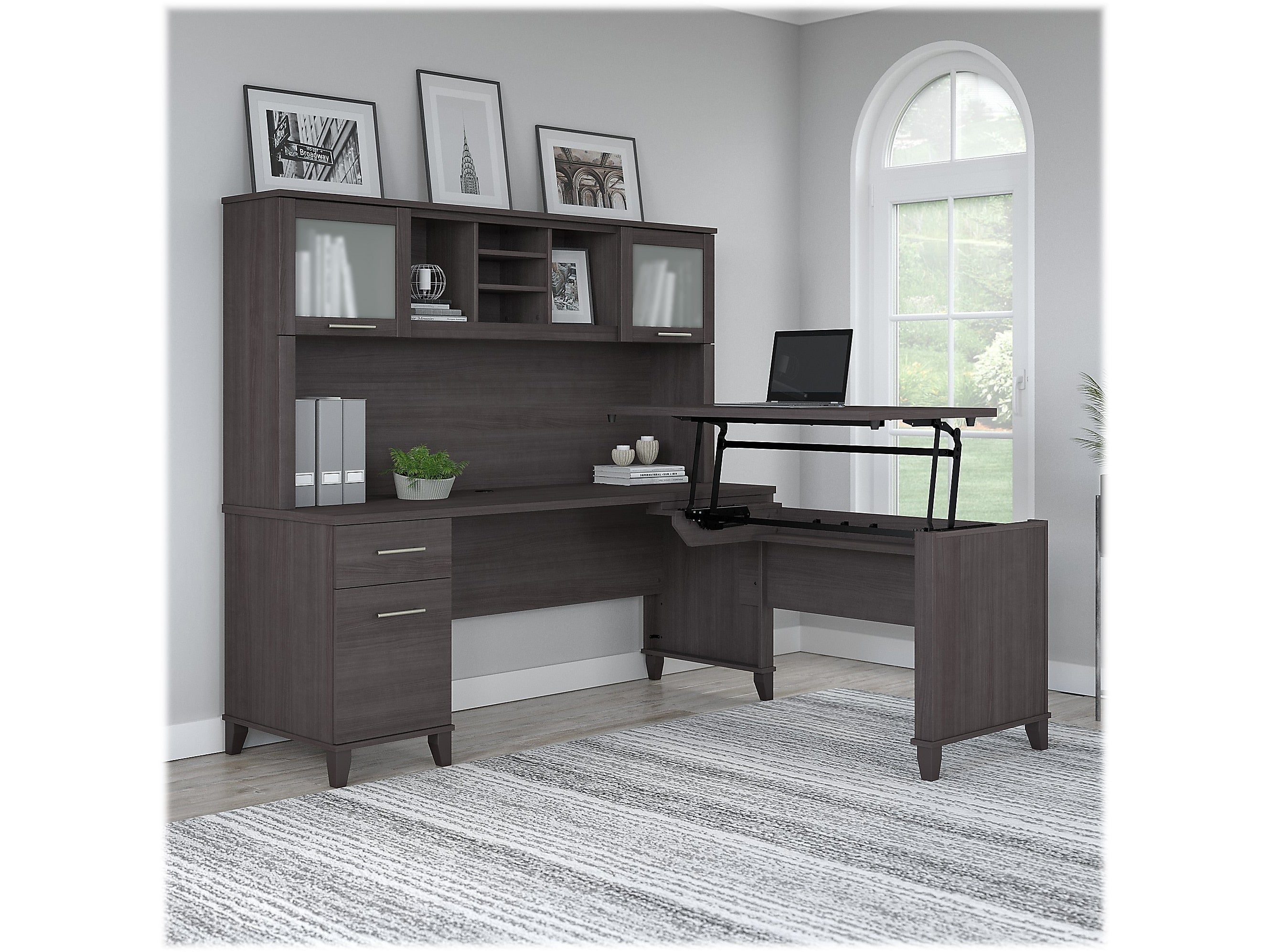 Bush Furniture Somerset 72"W 3 Position Sit to Stand L Shaped Desk with Hutch, Storm Gray (SET015SG)