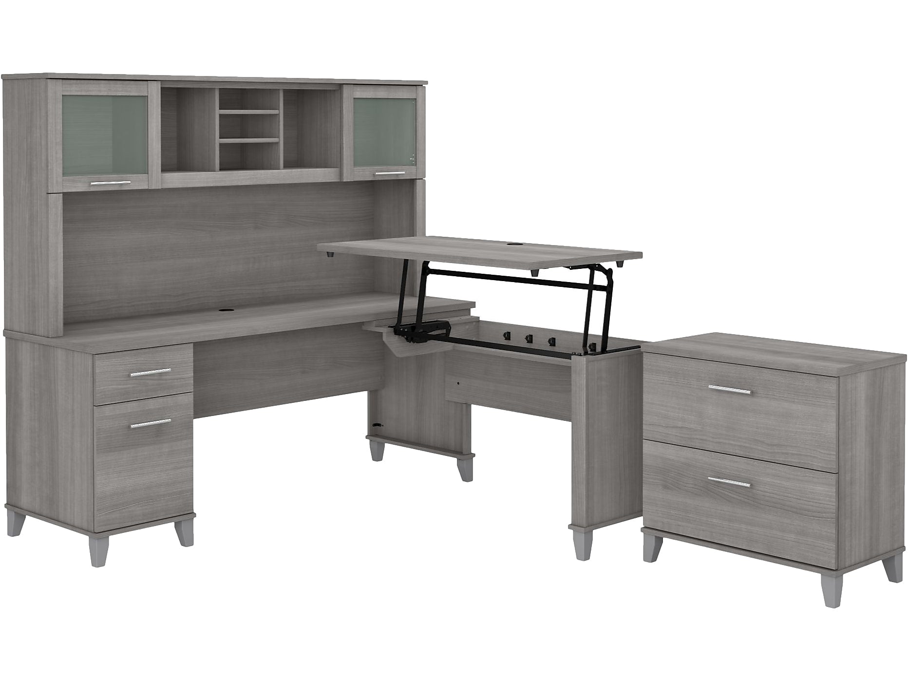 Bush Furniture Somerset 72"W 3 Position Sit to Stand L Shaped Desk with Hutch and File Cabinet, Platinum Gray (SET016PG)