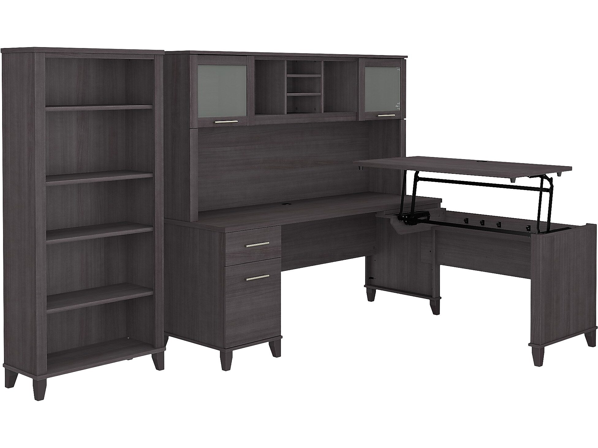 Bush Furniture Somerset 72"W 3 Position Sit to Stand L Shaped Desk with Hutch and Bookcase, Storm Gray (SET017SG)