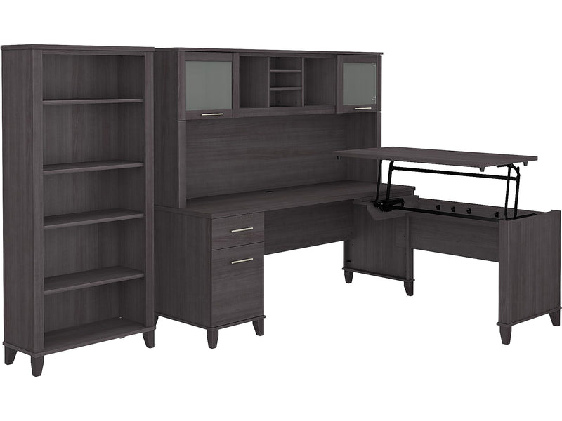 Bush Furniture Somerset 72"W 3 Position Sit to Stand L Shaped Desk with Hutch and Bookcase, Storm Gray (SET017SG)