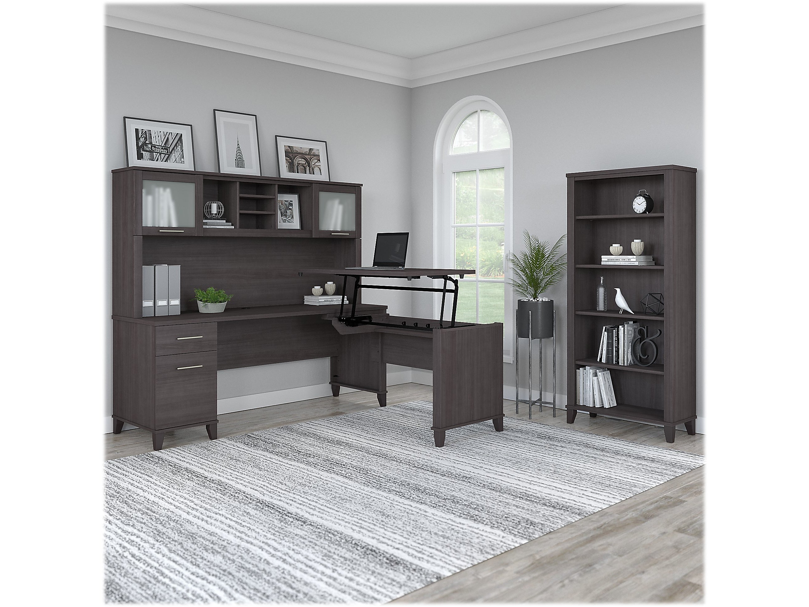 Bush Furniture Somerset 72"W 3 Position Sit to Stand L Shaped Desk with Hutch and Bookcase, Storm Gray (SET017SG)