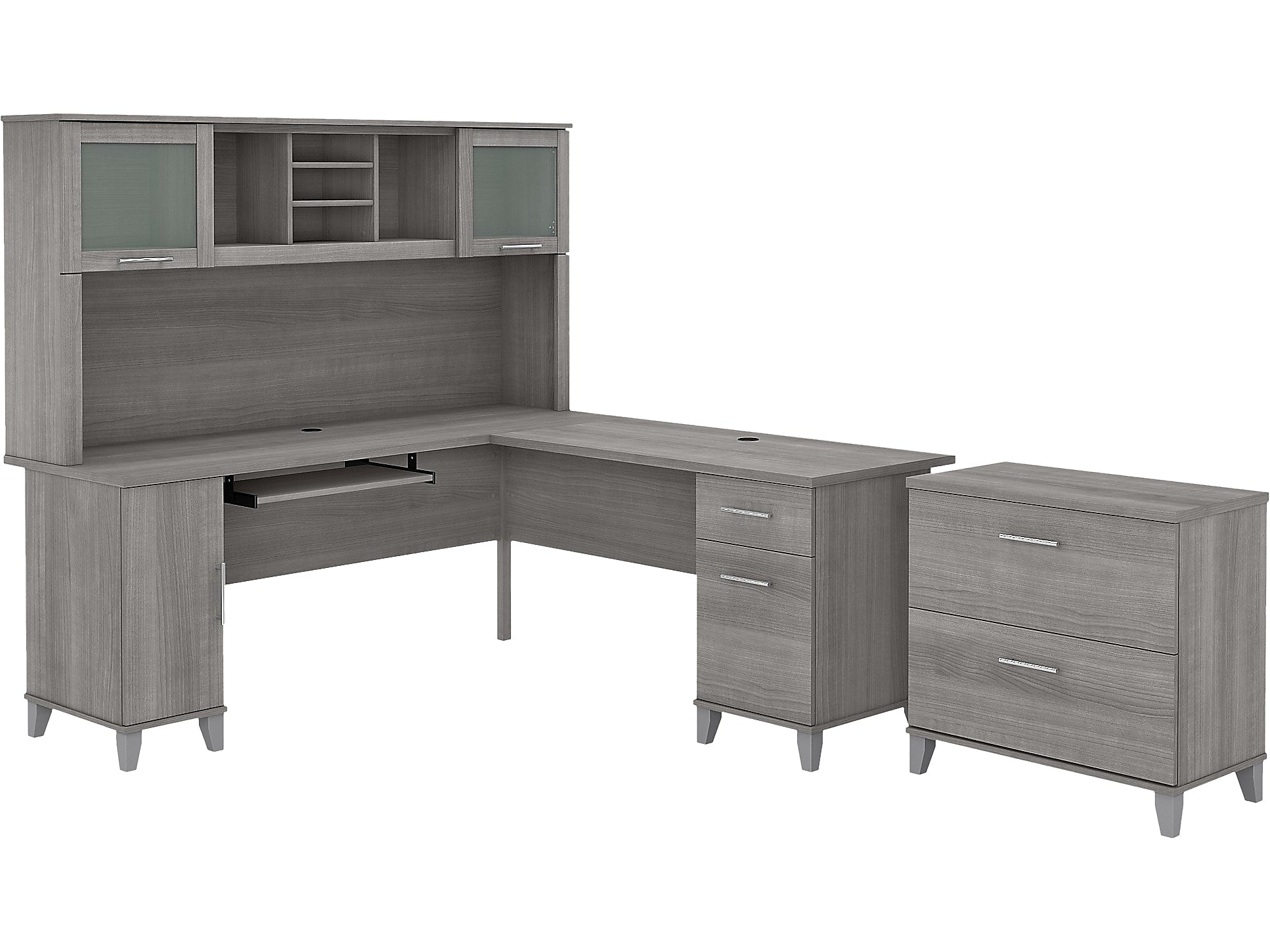 Bush Furniture Somerset 72"W L Shaped Desk with Hutch and Lateral File Cabinet, Platinum Gray (SET009PG)