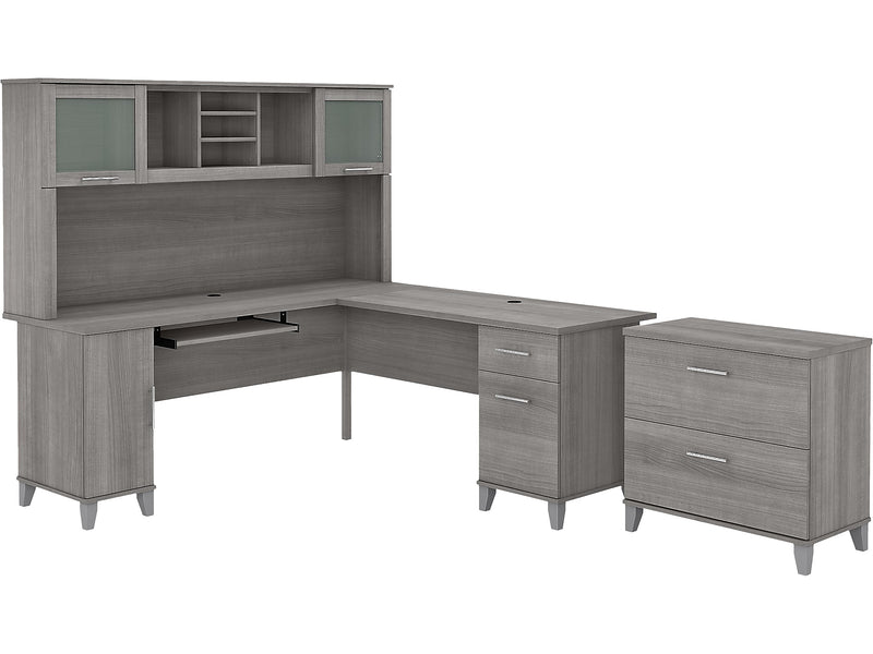 Bush Furniture Somerset 72"W L Shaped Desk with Hutch and Lateral File Cabinet, Platinum Gray (SET009PG)