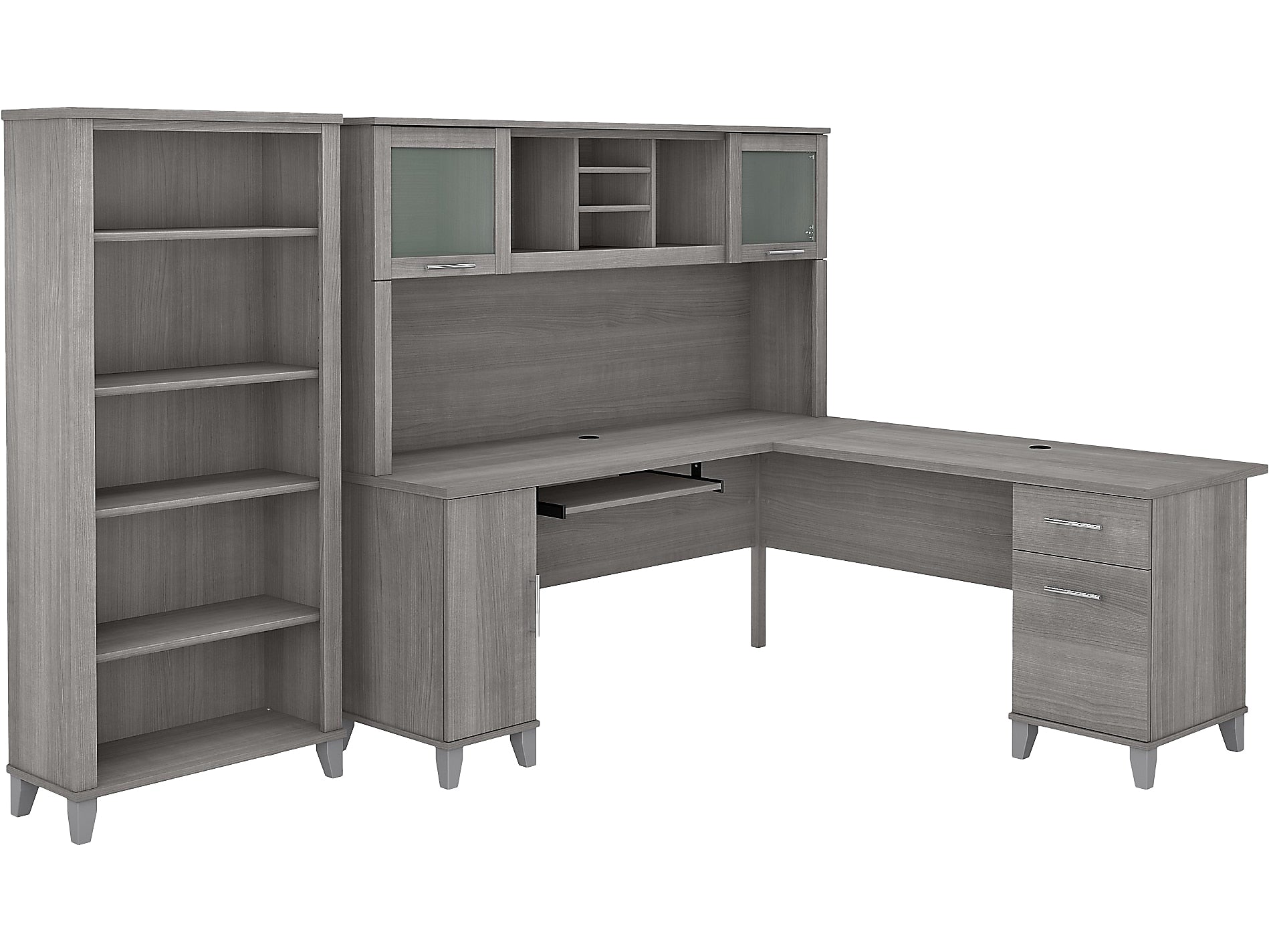 Bush Furniture Somerset 72"W L Shaped Desk with Hutch and 5 Shelf Bookcase, Platinum Gray (SET011PG)
