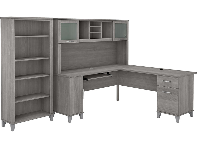 Bush Furniture Somerset 72"W L Shaped Desk with Hutch and 5 Shelf Bookcase, Platinum Gray (SET011PG)