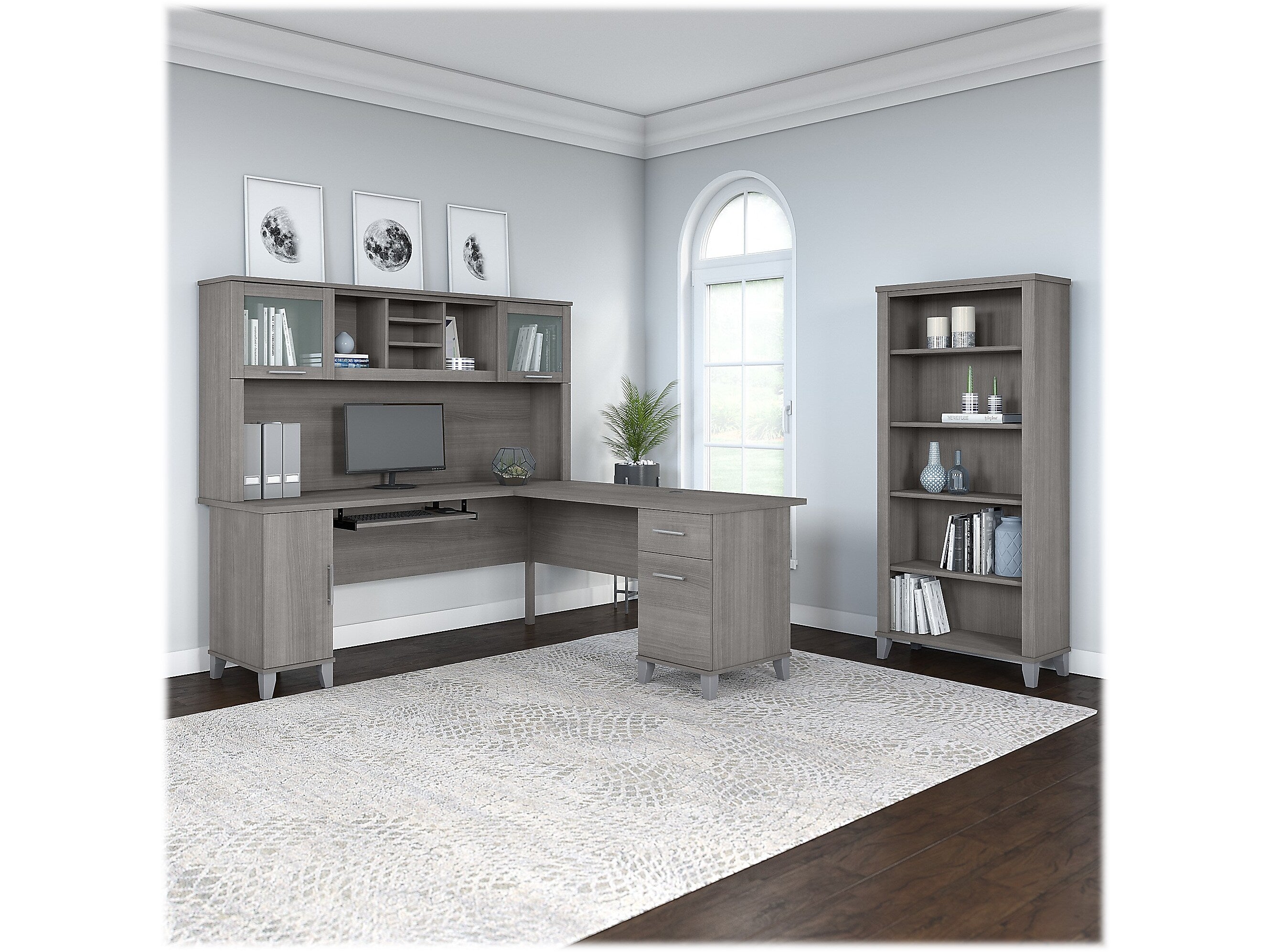 Bush Furniture Somerset 72"W L Shaped Desk with Hutch and 5 Shelf Bookcase, Platinum Gray (SET011PG)